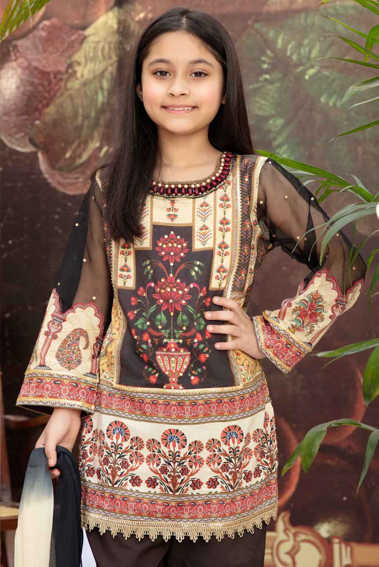 Simrans Kids Digital Print Summer Lawn Kameez Outfit with Lace Detailed Trousers AL233K - Desi Posh