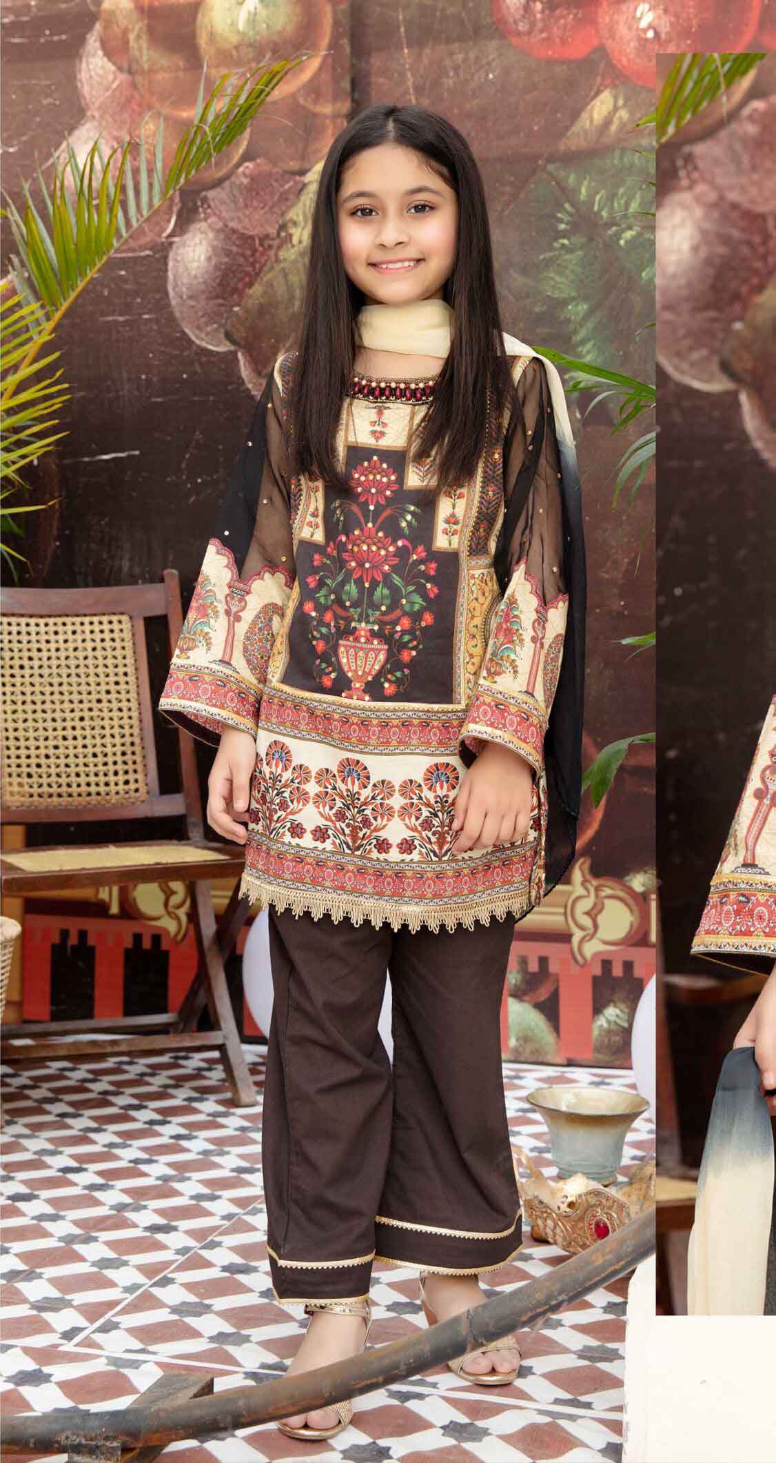 Simrans Kids Digital Print Summer Lawn Kameez Outfit with Lace Detailed Trousers AL233K - Desi Posh
