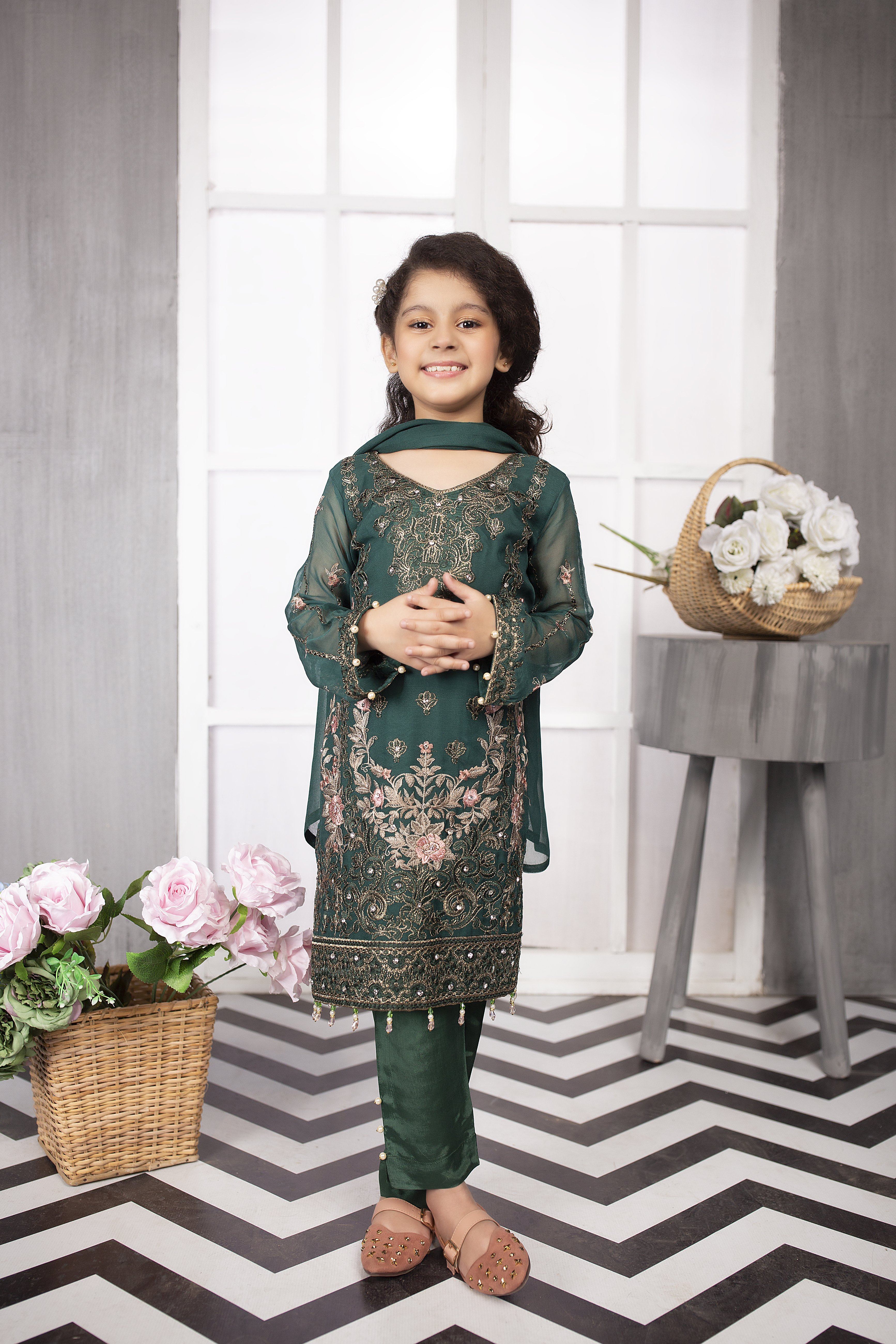 Simrans Kids Eid Edition Meena Kameez Outfit With Pearl Detailed Trousers Mother and Daughter - Desi Posh