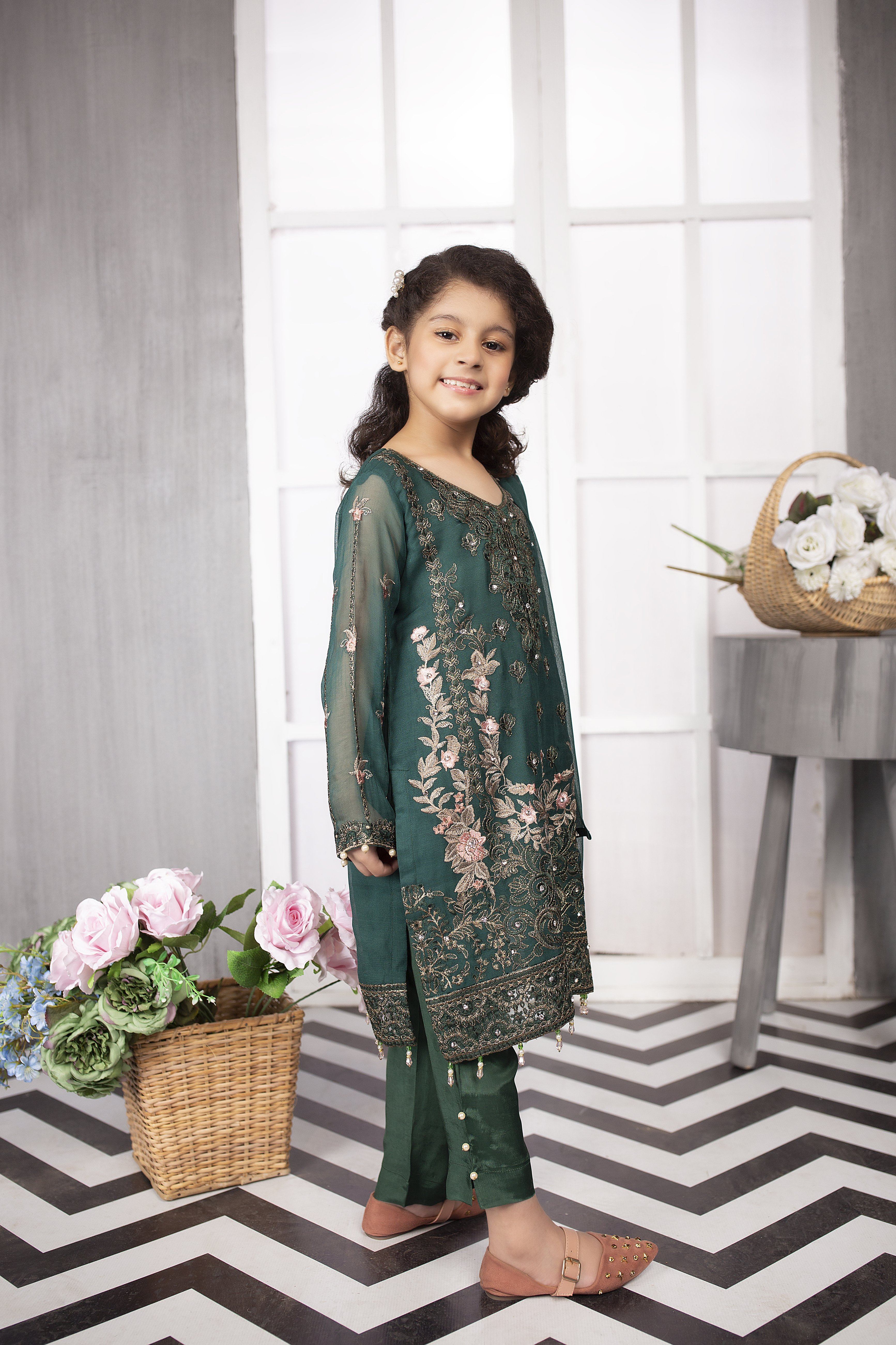 Simrans Kids Eid Edition Meena Kameez Outfit With Pearl Detailed Trousers Mother and Daughter - Desi Posh