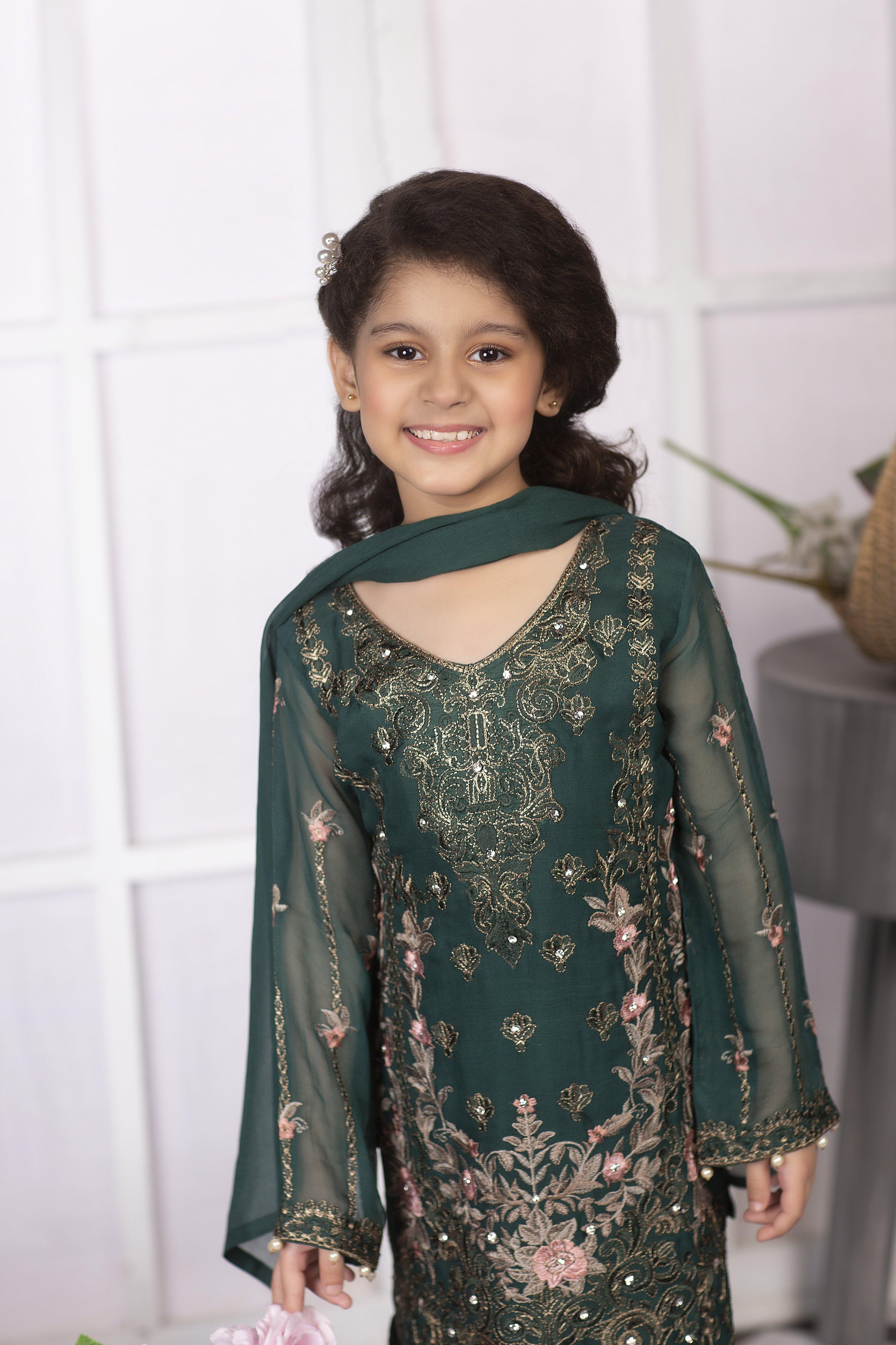 Simrans Kids Eid Edition Meena Kameez Outfit With Pearl Detailed Trousers Mother and Daughter - Desi Posh