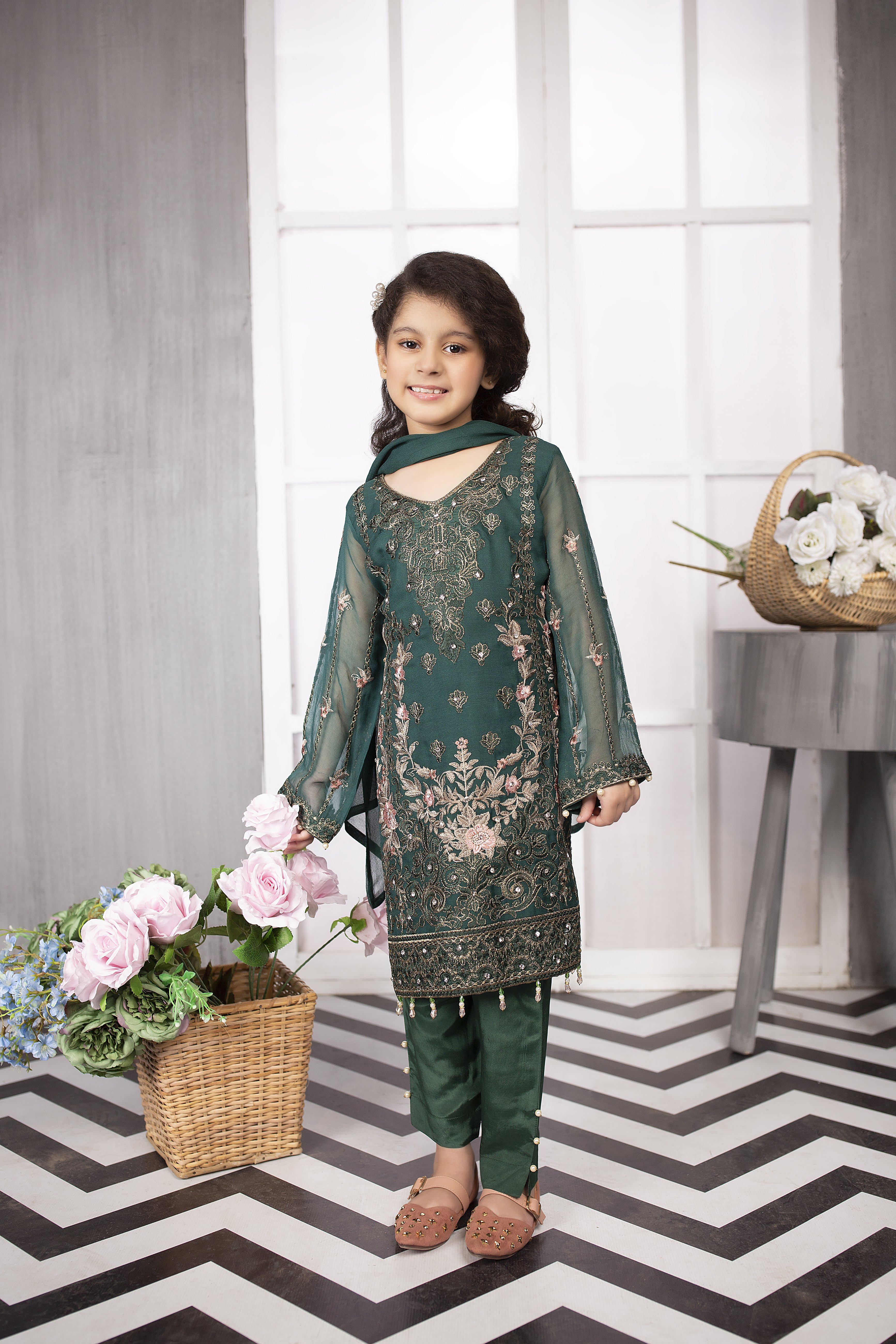 Simrans Kids Eid Edition Meena Kameez Outfit With Pearl Detailed Trousers Mother and Daughter - Desi Posh