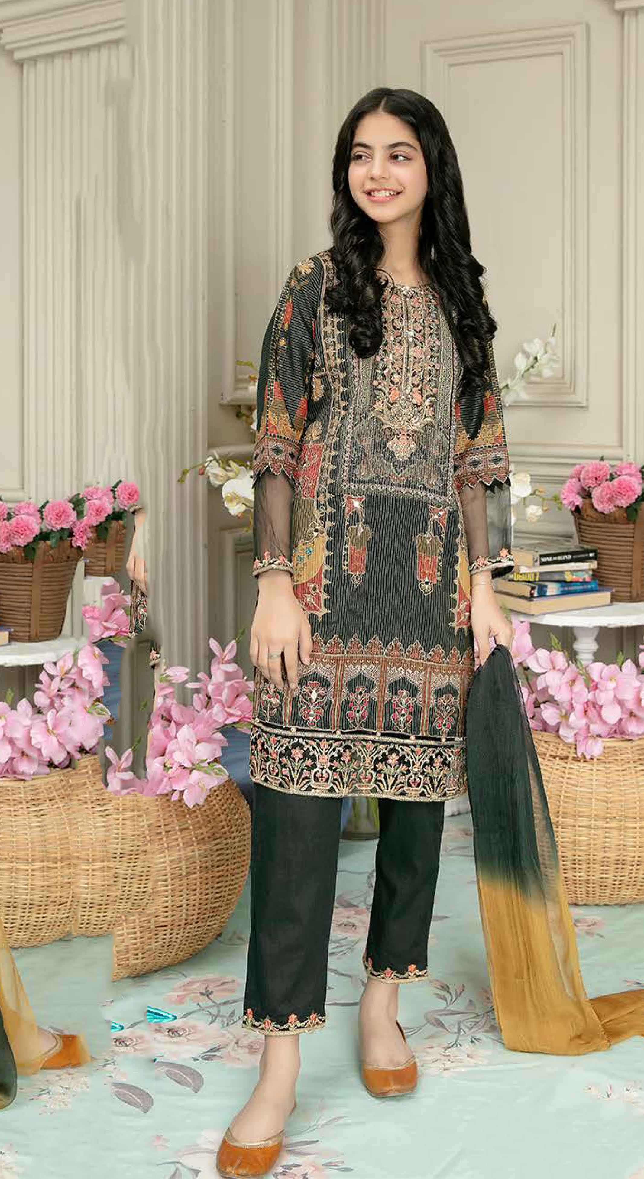 Simrans Masoori Kids Eid Outfit with Embroidered Trousers ML28k - Desi Posh
