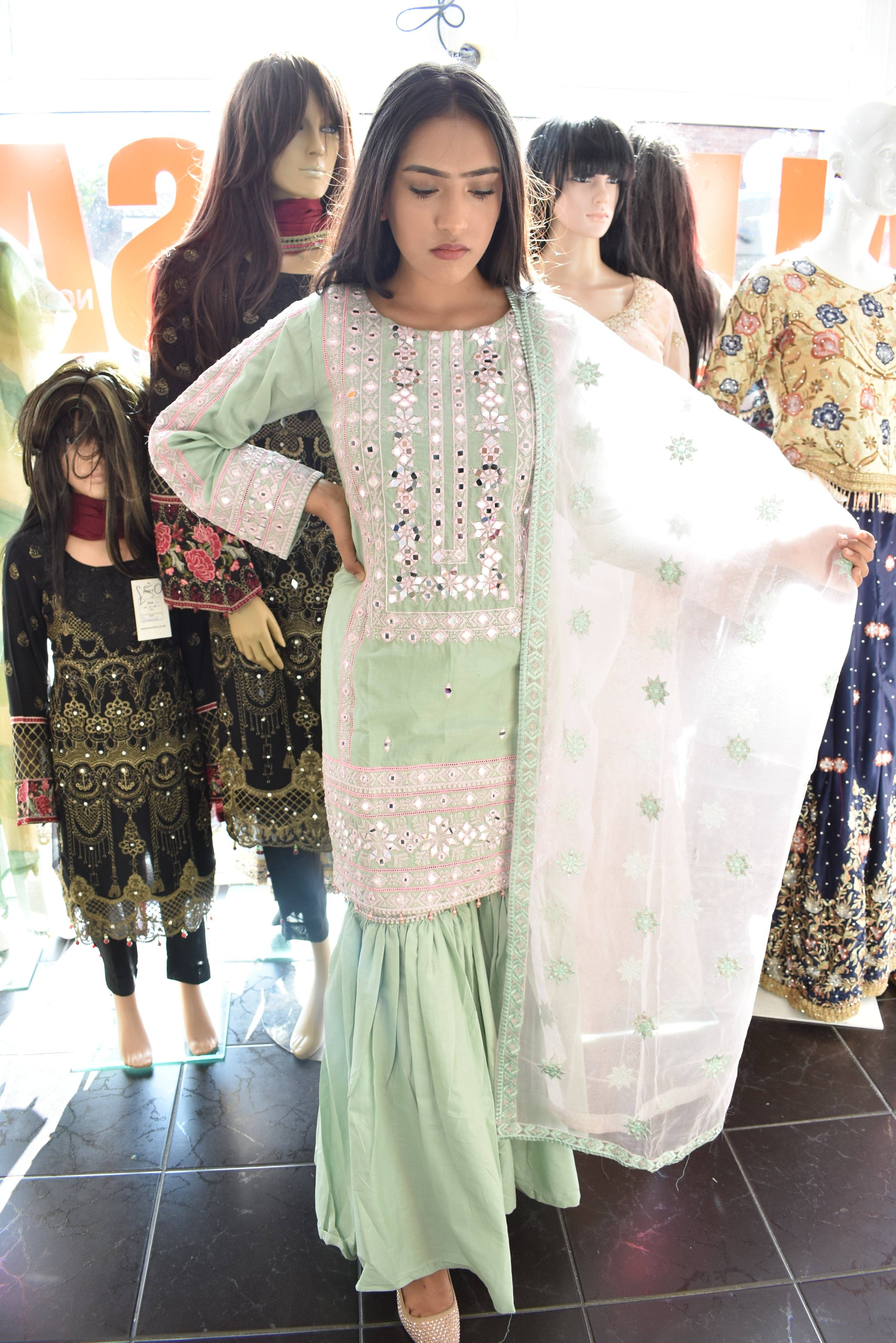 Simrans Mirror Embroidered Gharara Outfit with Embroidered Net Dupatta DesiP 