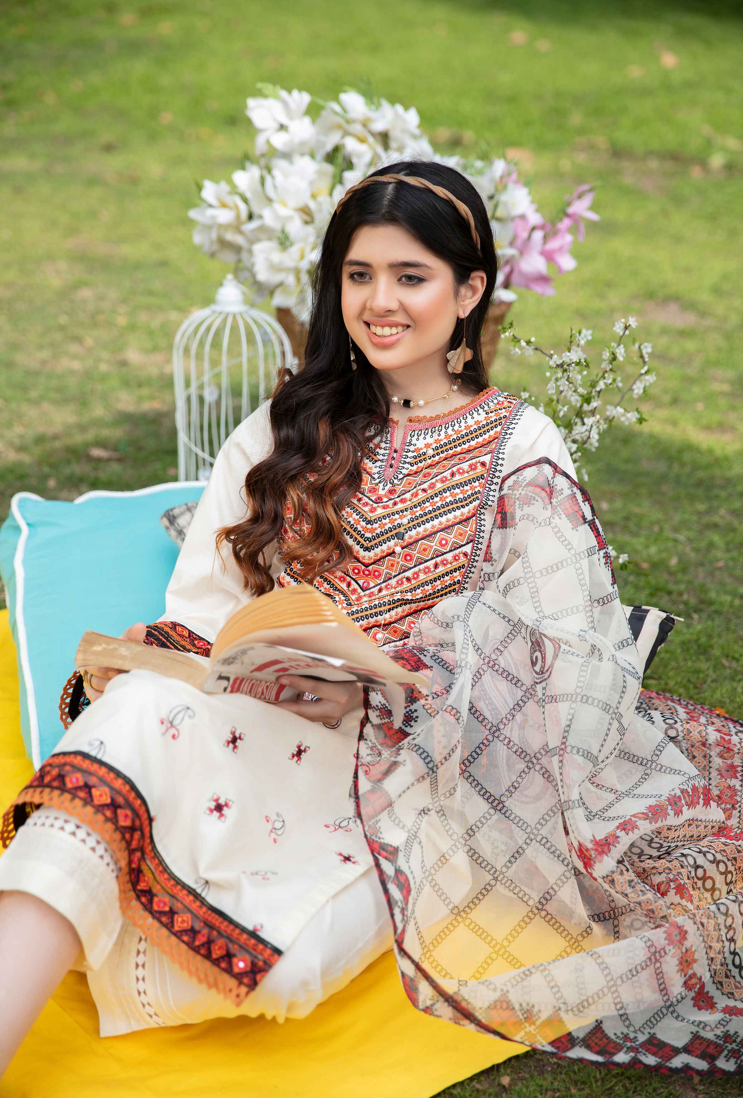 Simrans Mirror Embroidered Lawn Outfit with Net Dupatta 25232 DesiP