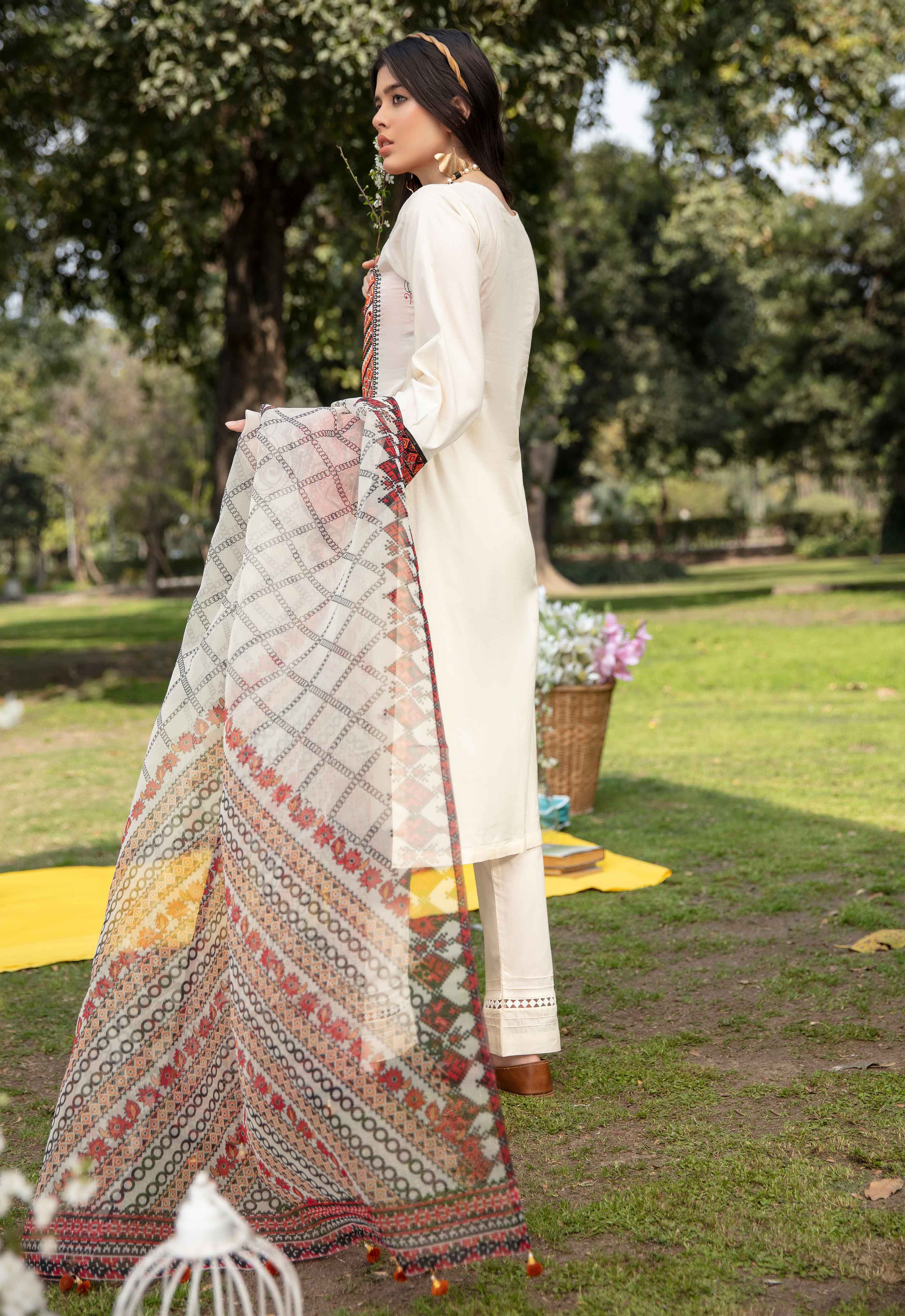 Simrans Mirror Embroidered Lawn Outfit with Net Dupatta 25232 Desi Posh
