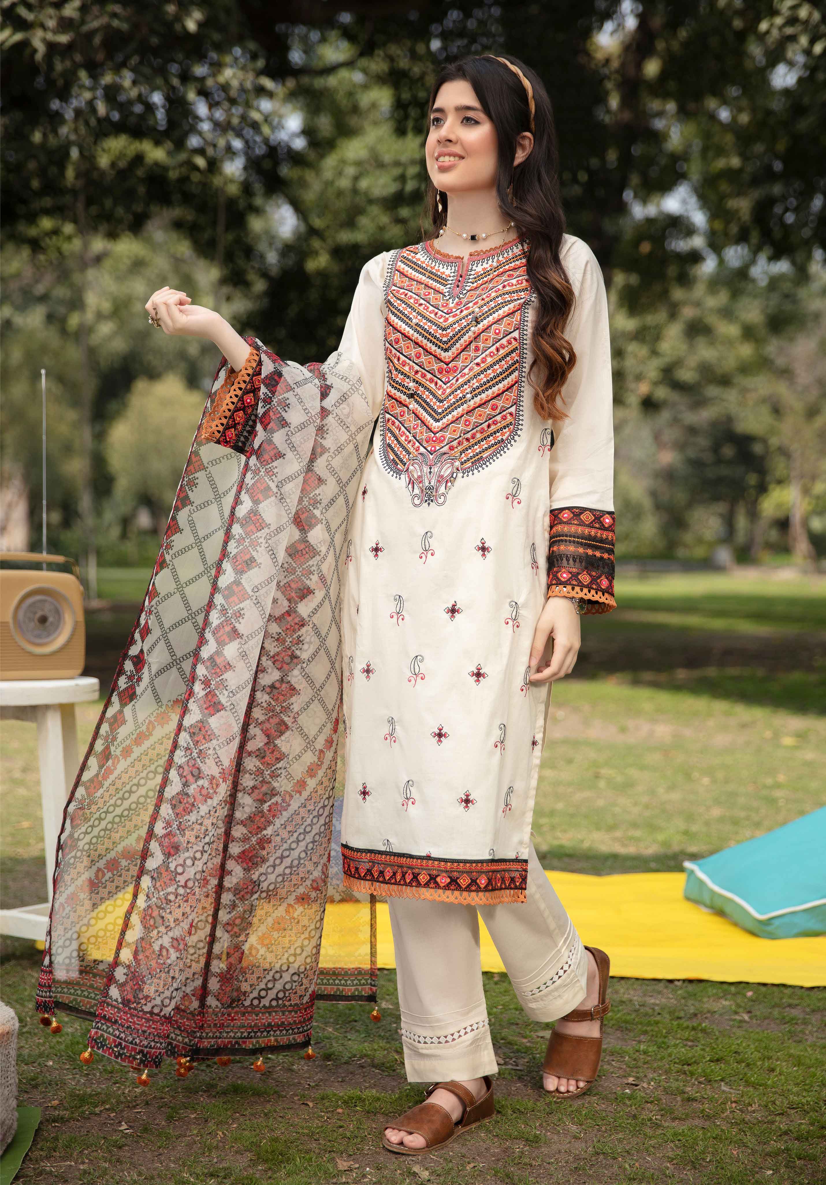 Simrans Mirror Embroidered Lawn Outfit with Net Dupatta 25232