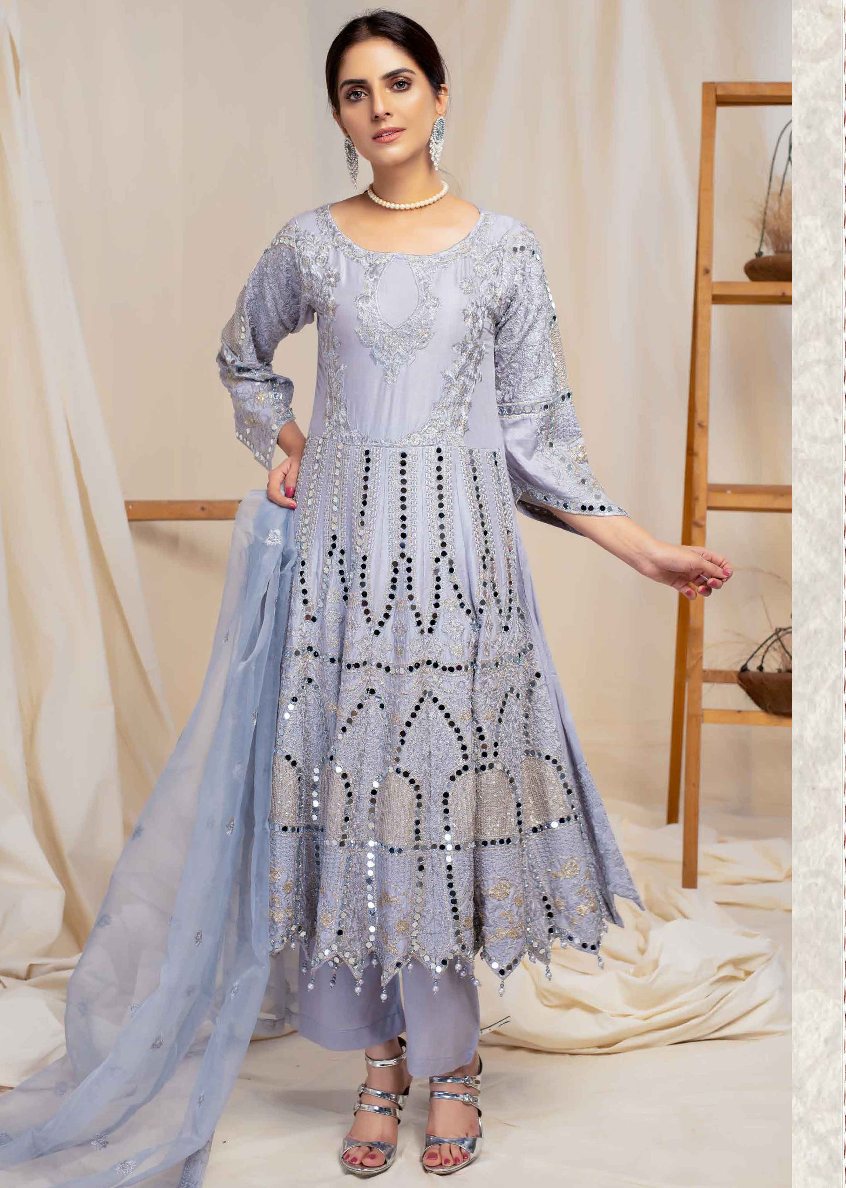 Simrans Mirror Frock Grey Outfit with Embroidered Net Dupatta