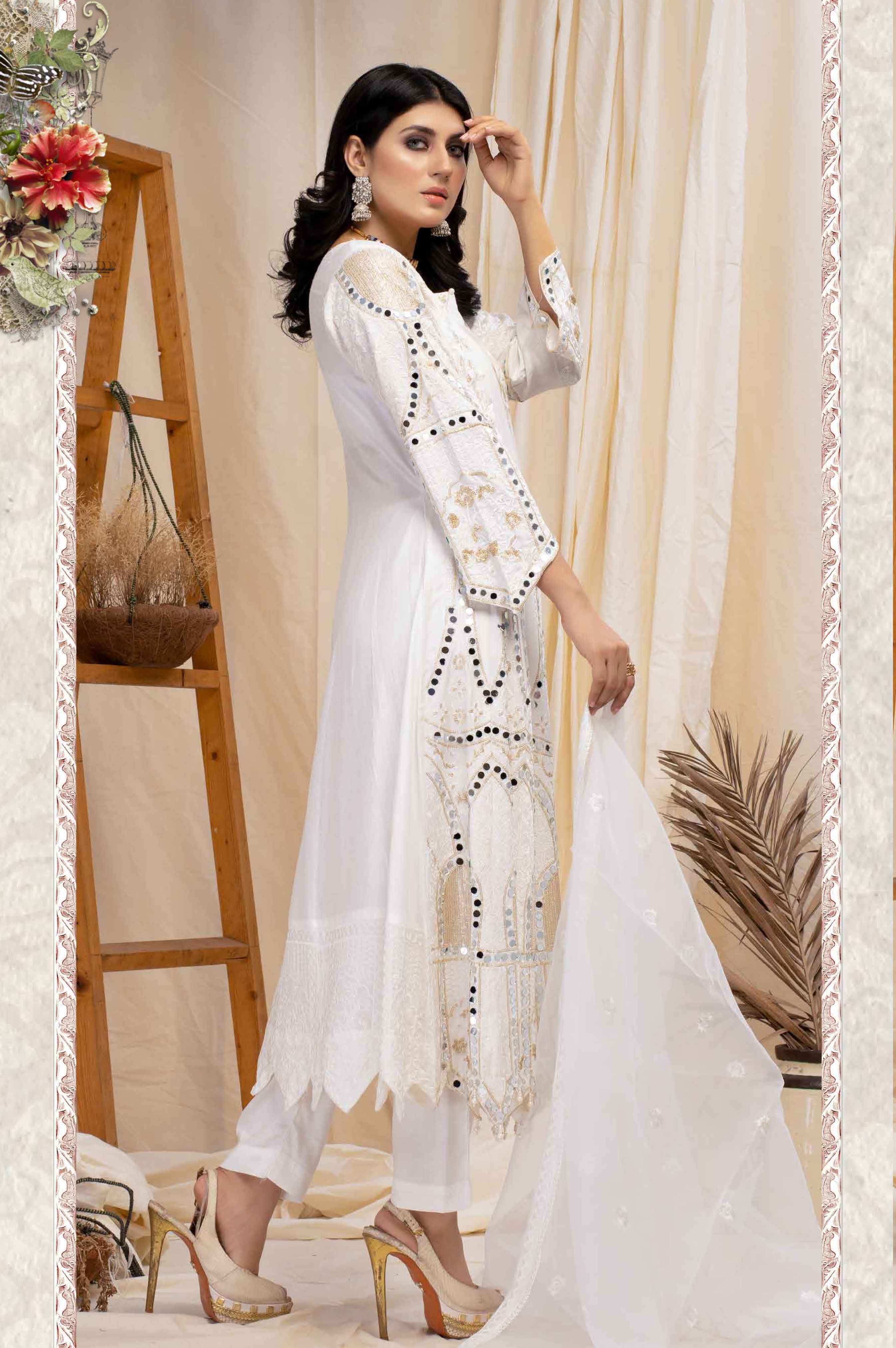 Simrans Mirror Frock White Outfit with Embroidered Net Dupatta DesiP 