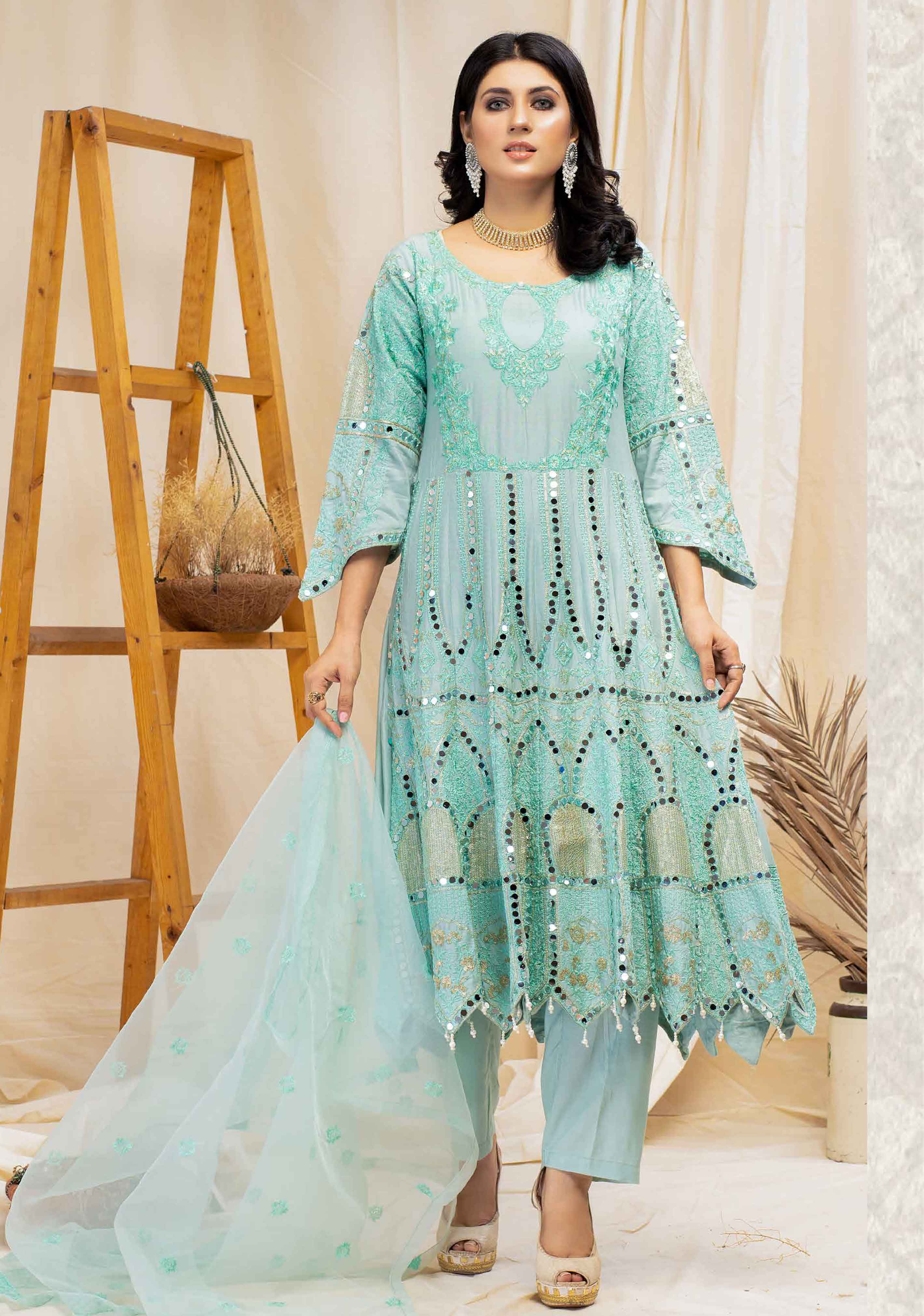 Simrans Mirror Long Frock Outfit with Embroidered Net Dupatta
