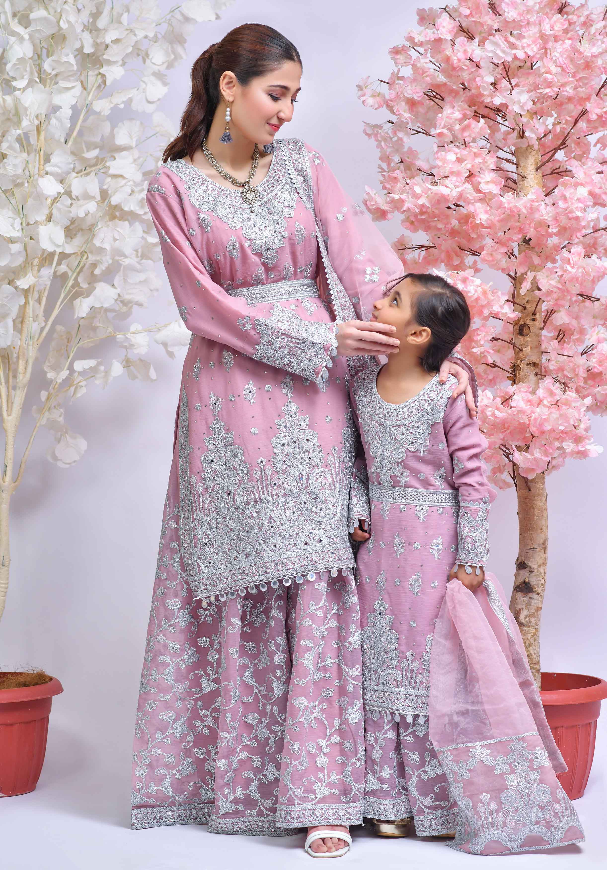 Simrans Mother & Daughter Dusty Pink Ladies Sharara Oufit DesiPosh