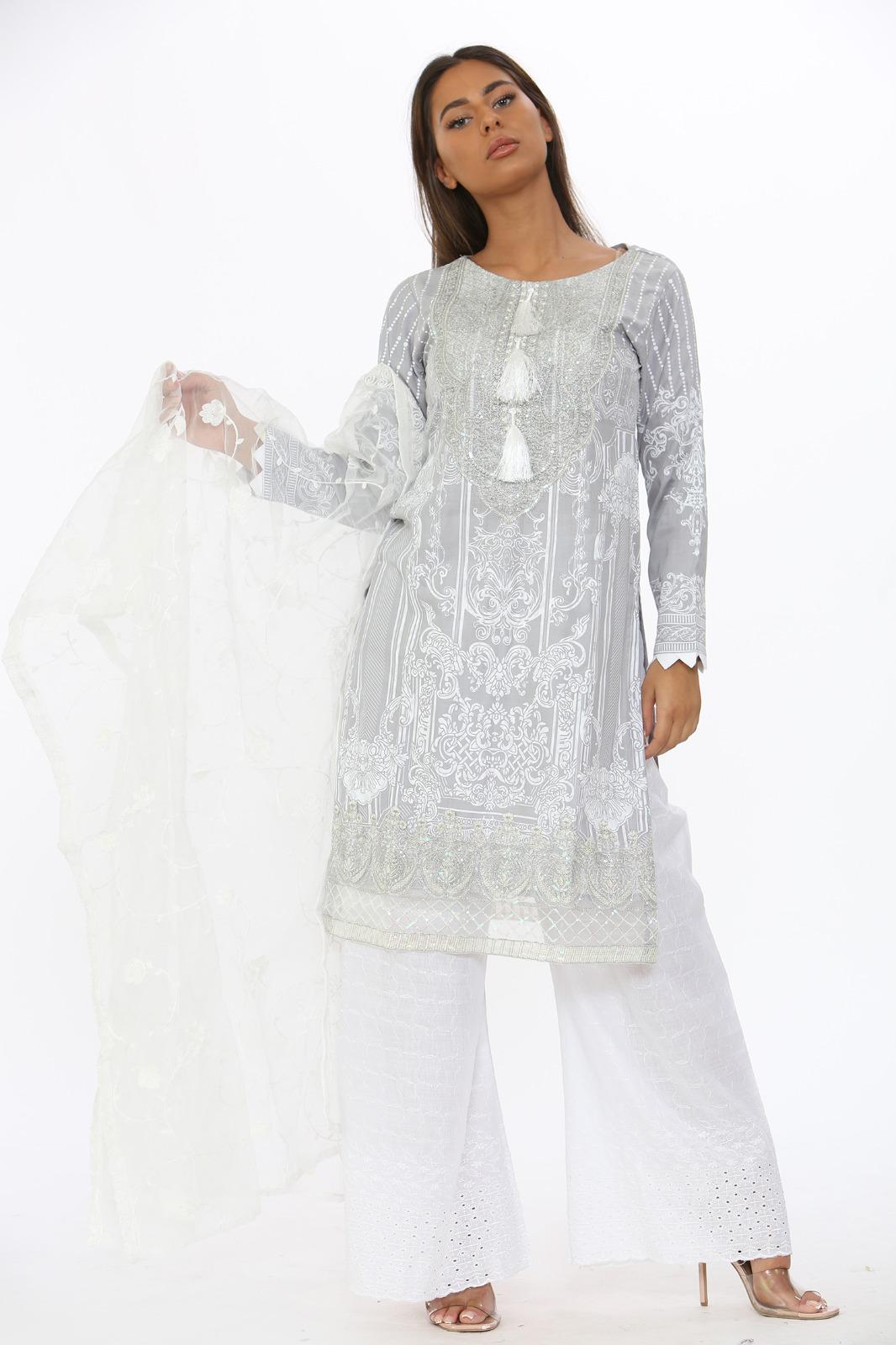 Simrans Mother & Daughter Grey Girls Outfit with Embroidered Net Dupatta DesiP 