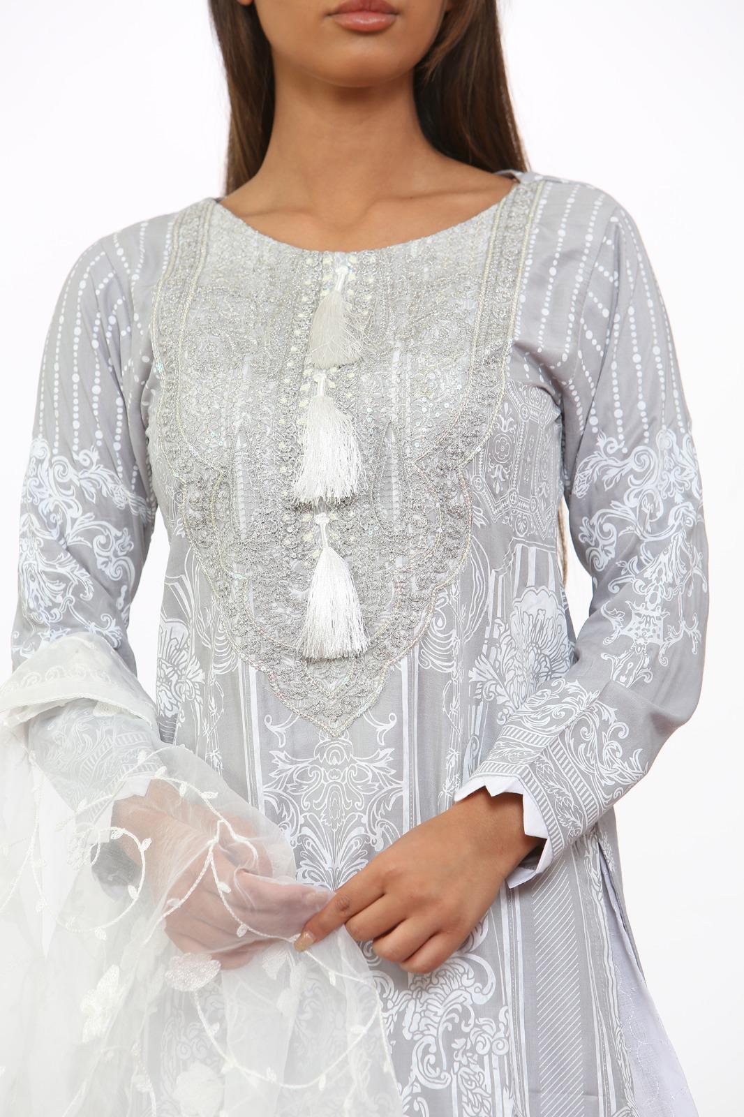 Simrans Mother & Daughter Grey Girls Outfit with Embroidered Net Dupatta DesiP 