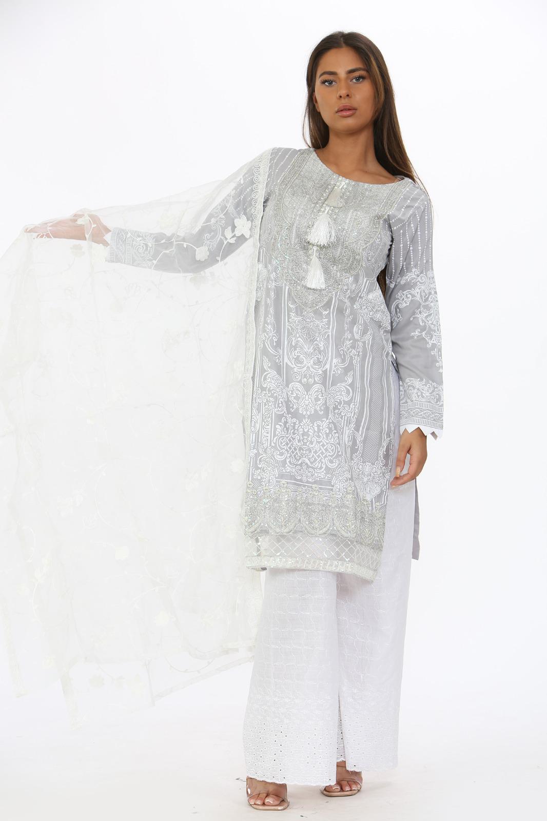 Simrans Mother & Daughter Grey Outfit with Embroidered Net Dupatta