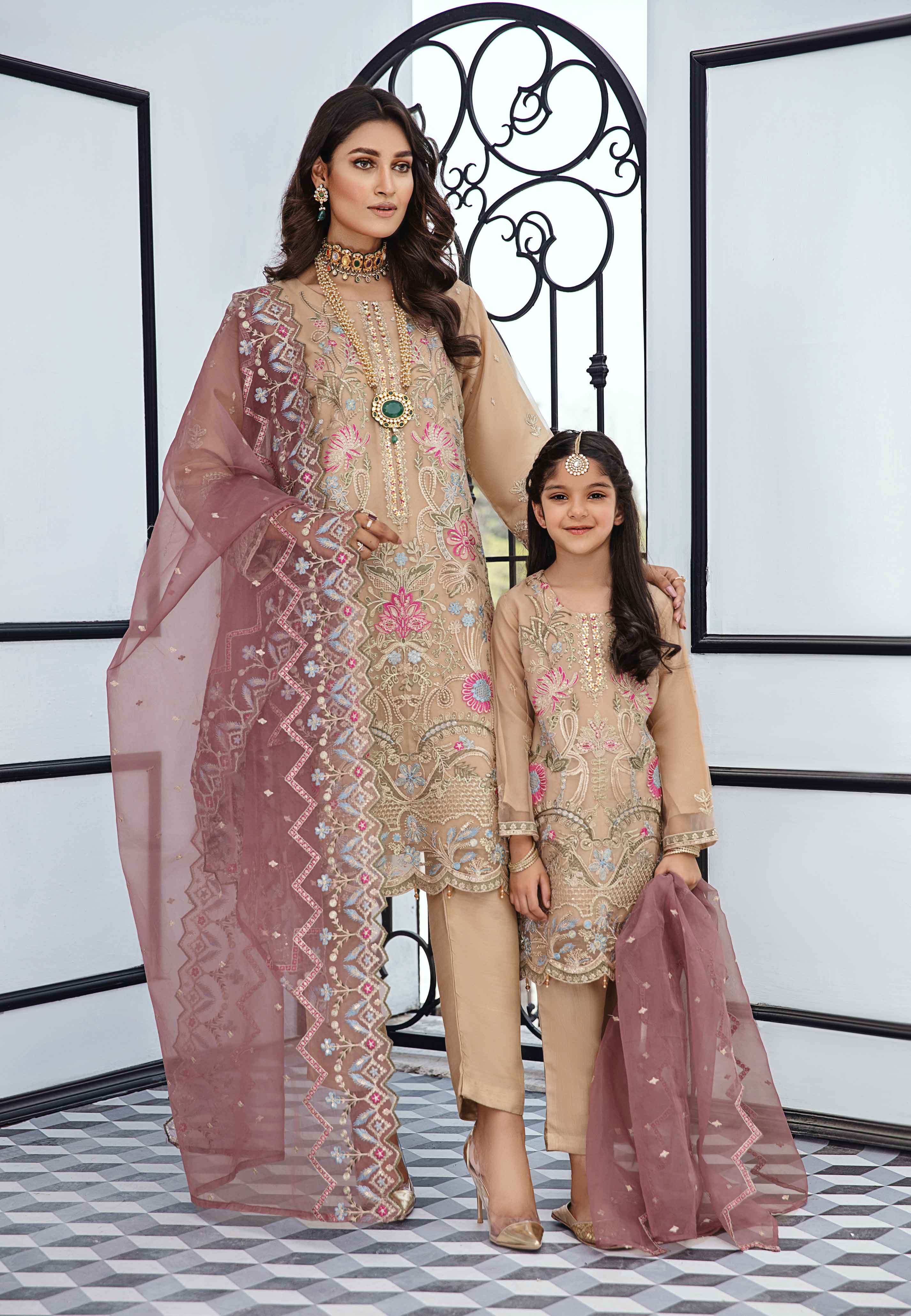 beige mummy and me eid suit