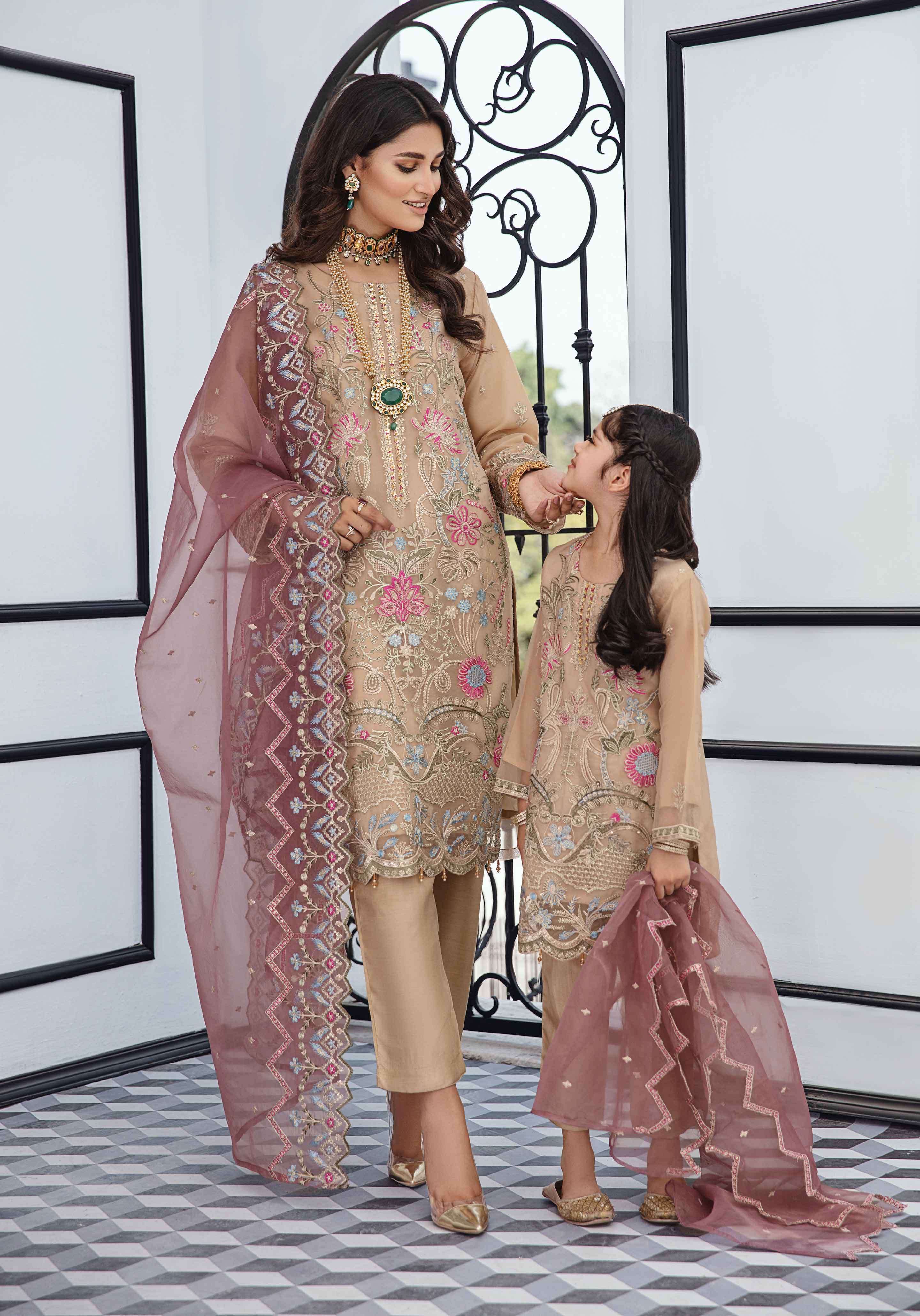 mother and daughter readymade suit in beige