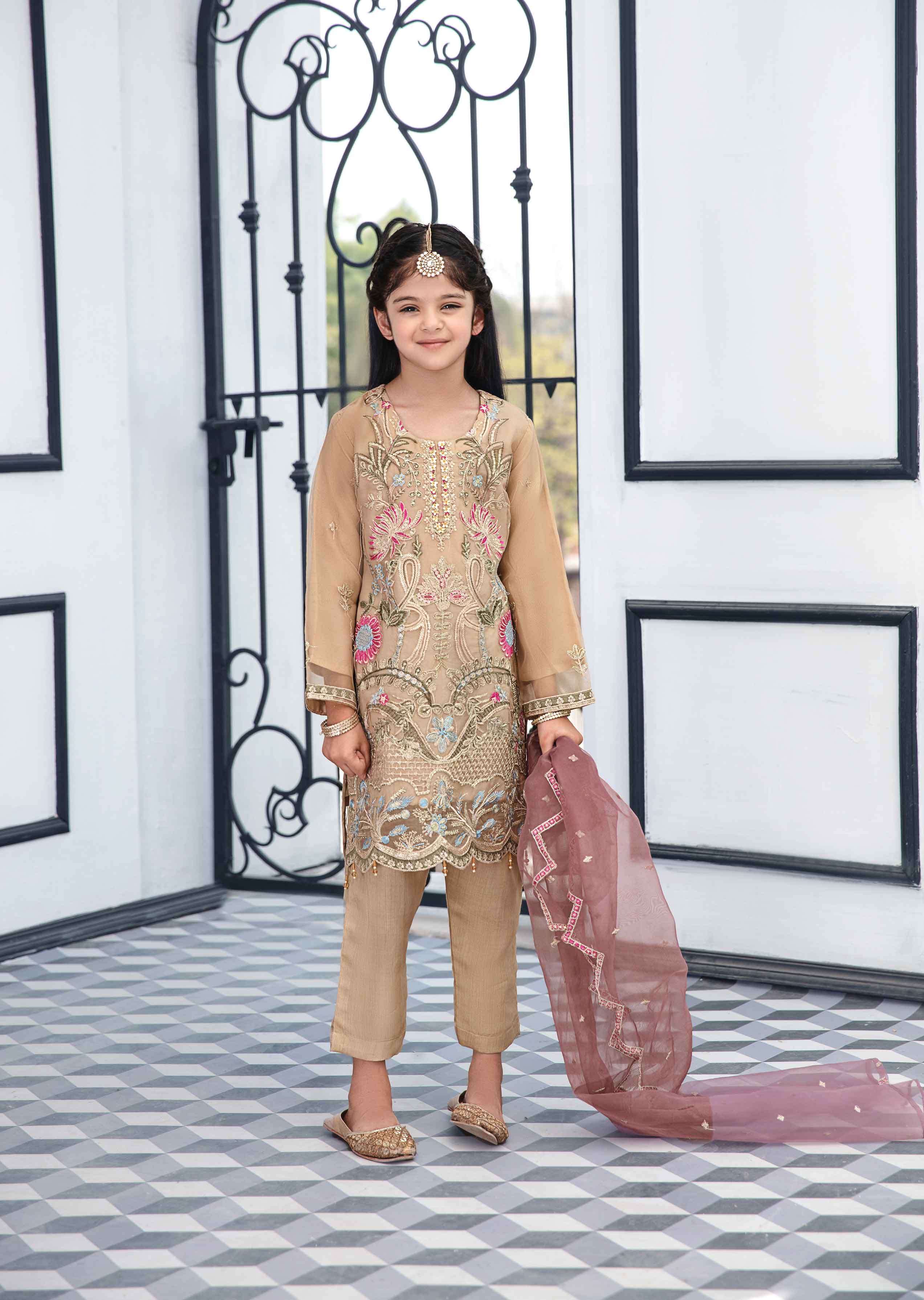 Simrans Organza Mummy & Me Kids Eid suit Beige DesiPosh