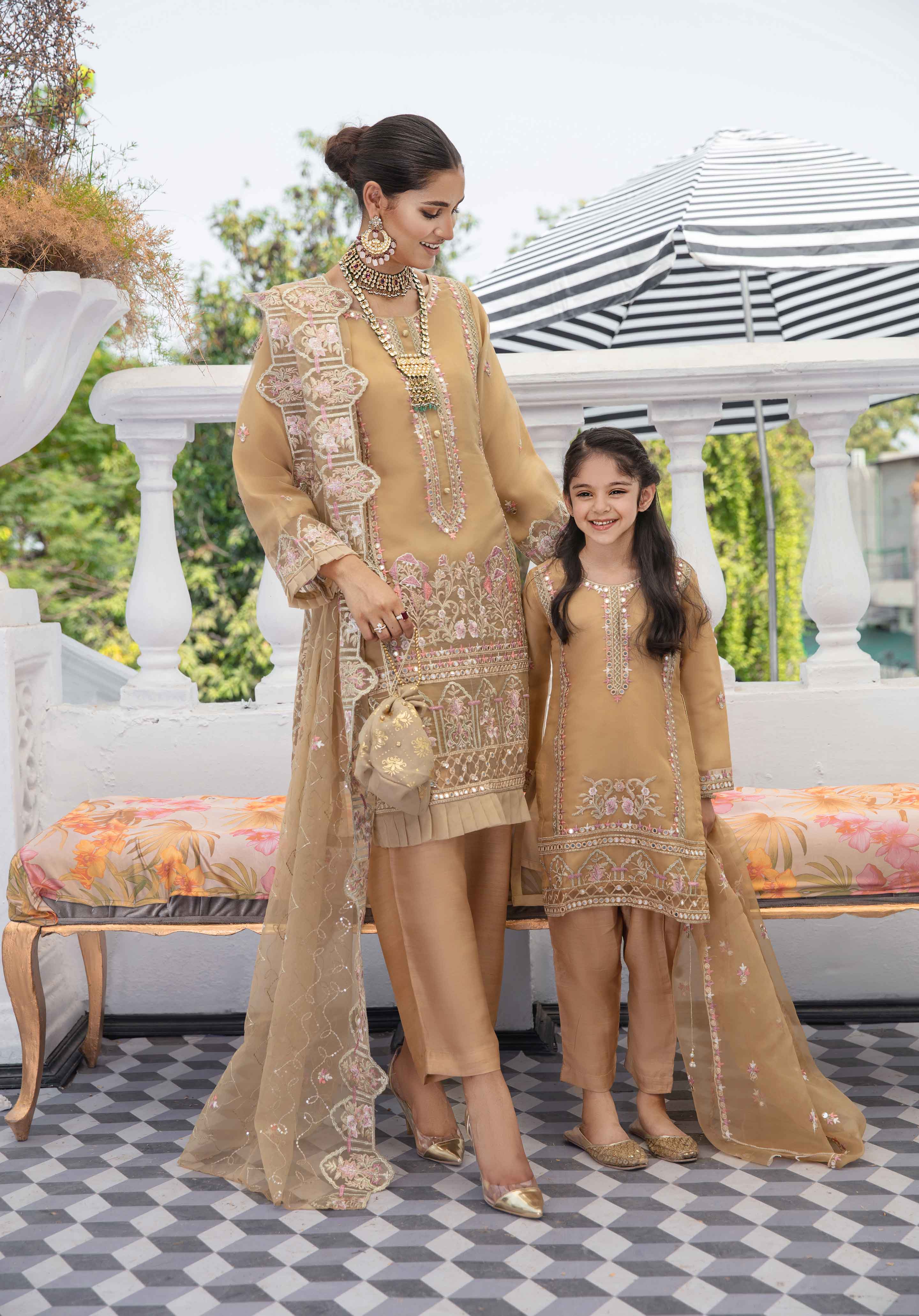 Simrans Organza Mummy & Me Kids Eid suit Gold DesiPosh