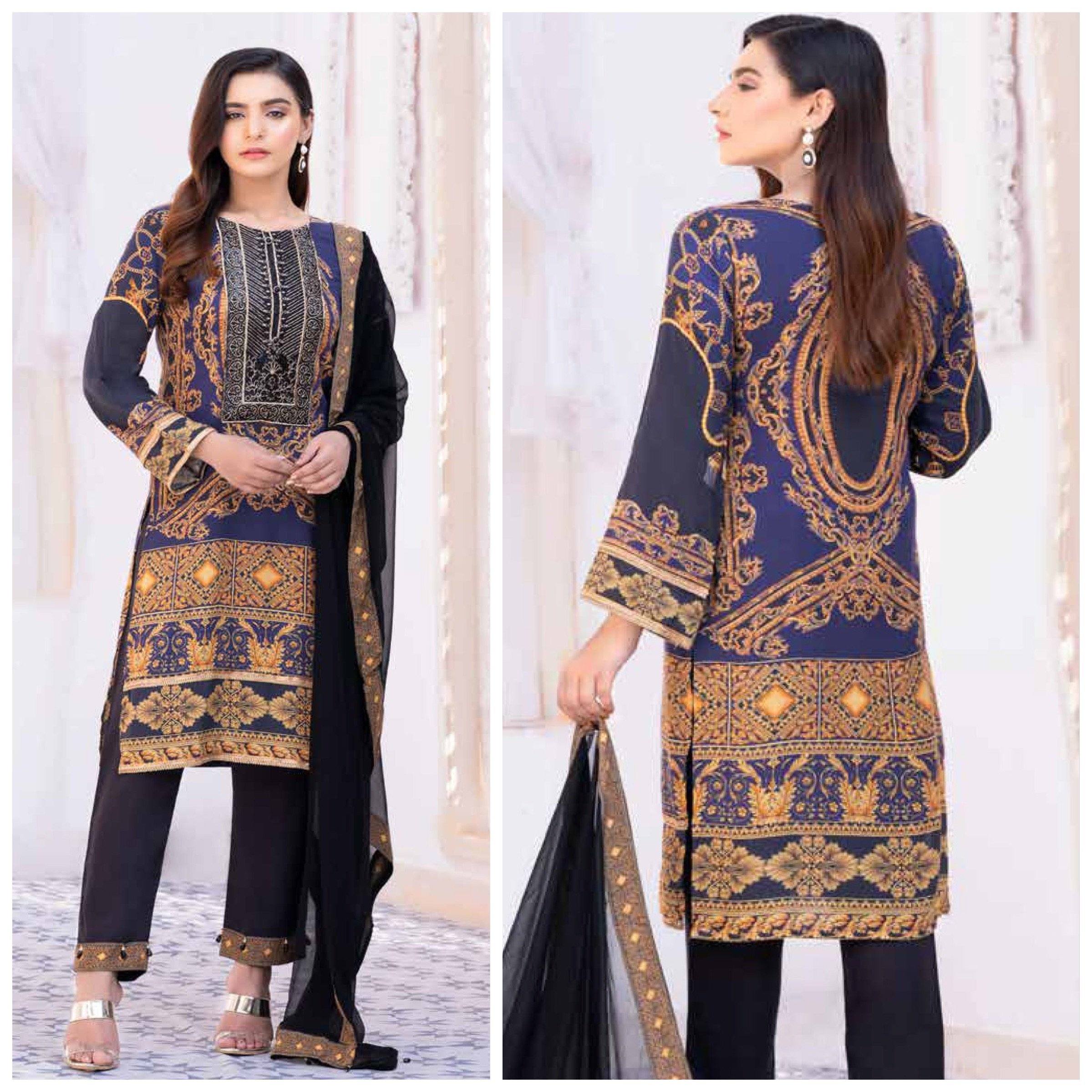 Simrans Premium Versace Print Linen Outfit With Capri Trousers and Chiffon Dupatta Navy Blue - Desi Posh