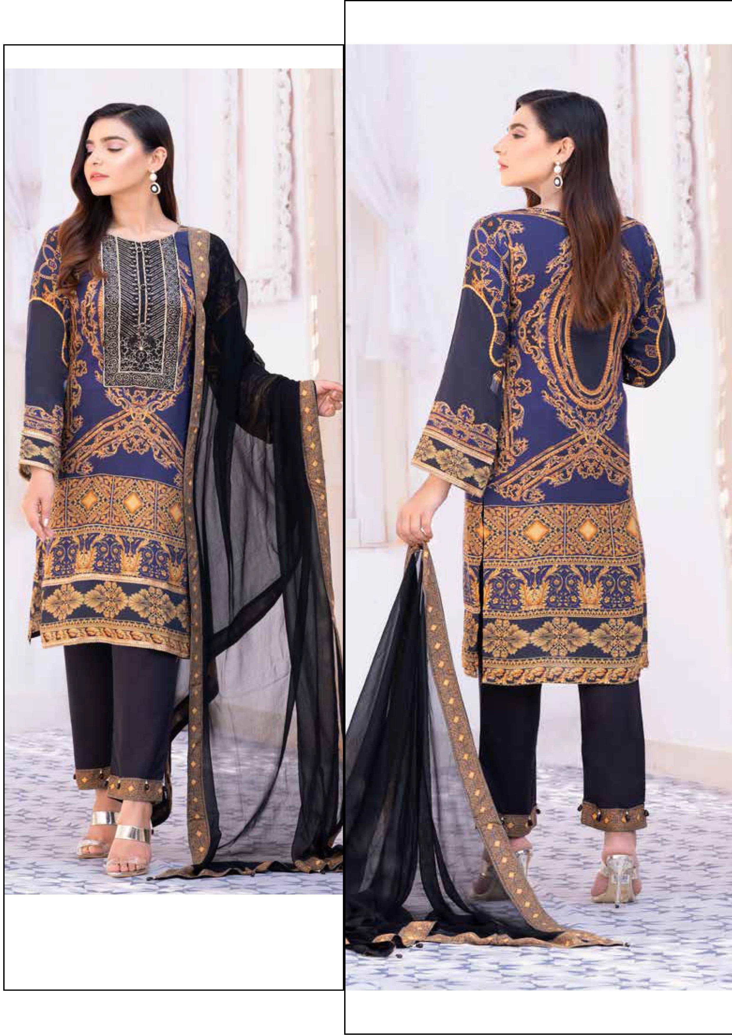 Simrans Premium Versace Print Linen Outfit With Capri Trousers and Chiffon Dupatta Navy Blue - Desi Posh