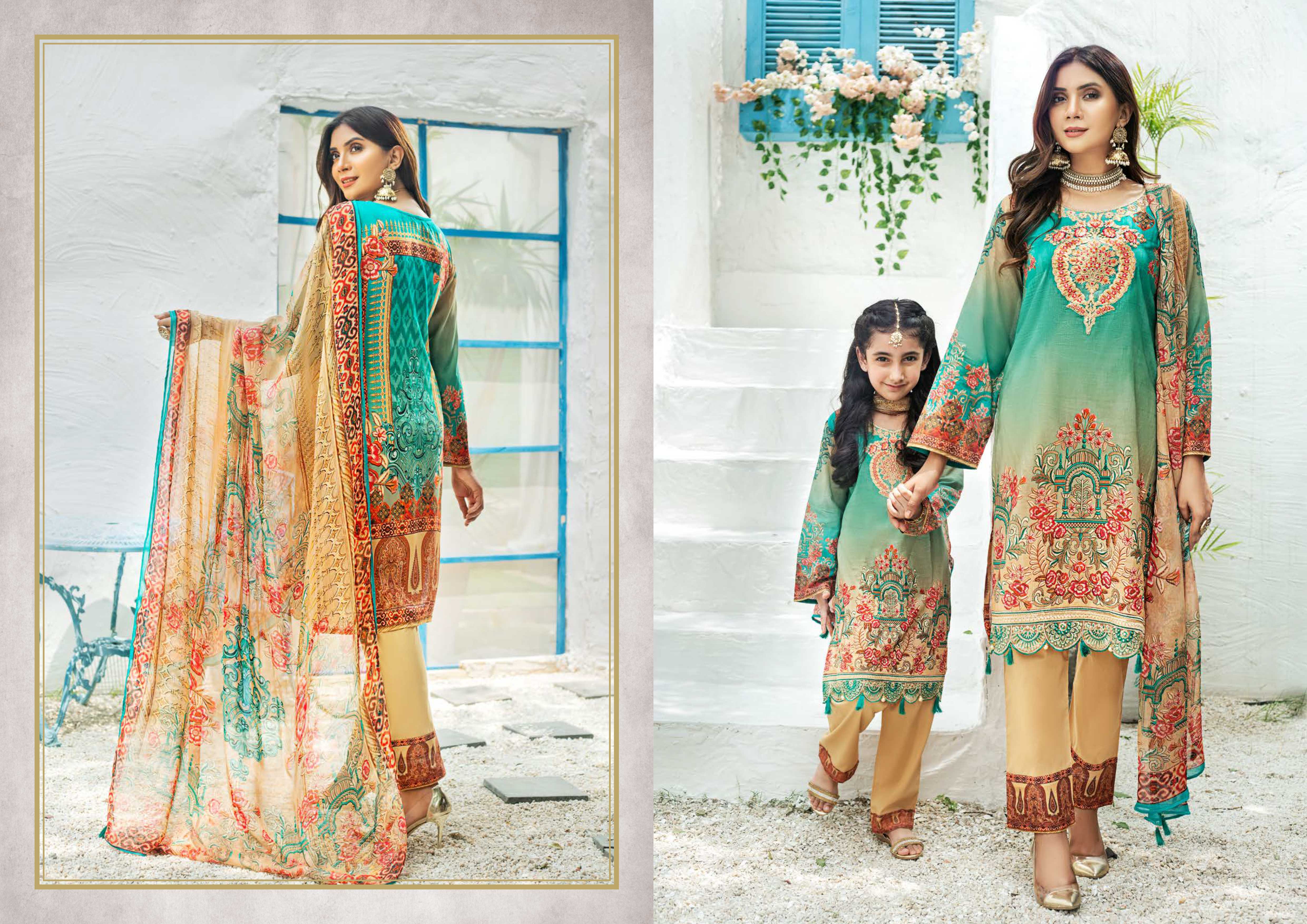 Simrans Rubab Digital Print Premium Lawn Outfit with Digital Print Chiffon Dupatta SKC03 Mother and Daughter - Desi Posh
