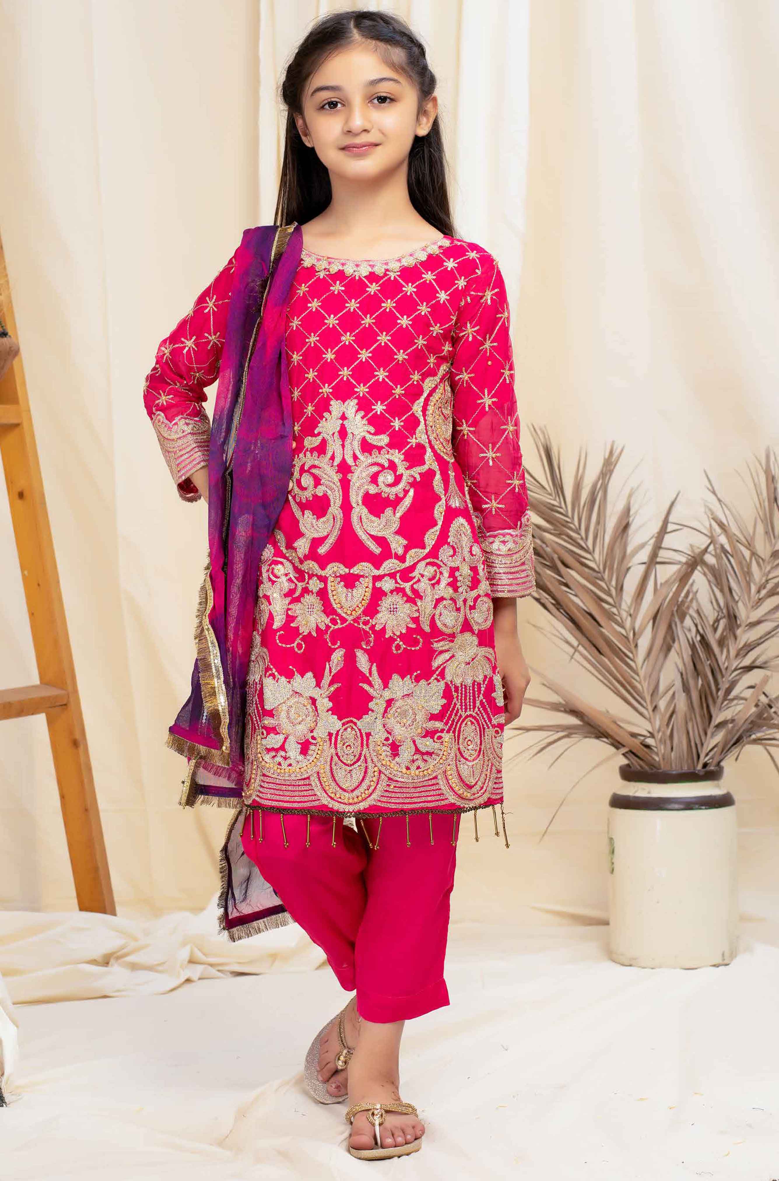 Simrans Semi Formal Kids Pink Outfit With Contrasting Green Dupatta