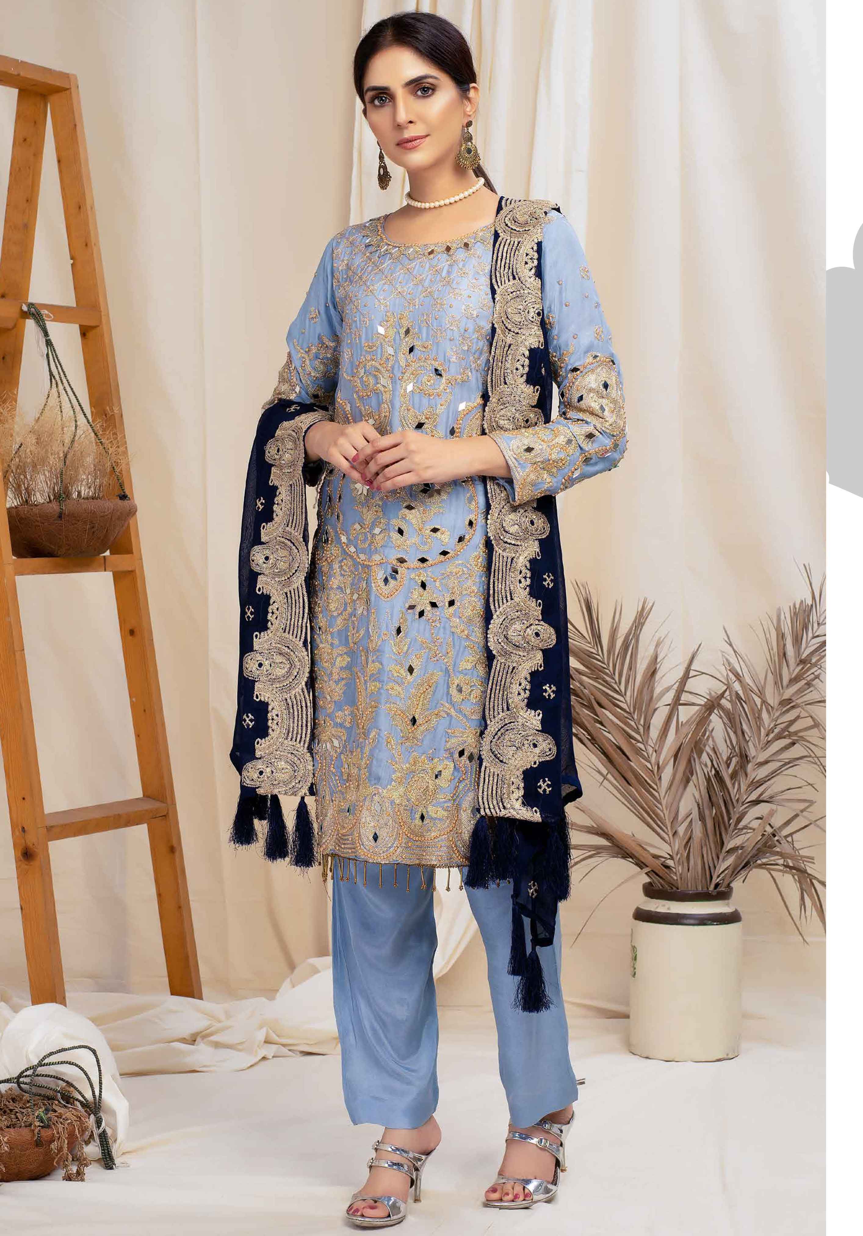 Simrans Semi Formal Ladies Grey Outfit With Contrasting Dupatta
