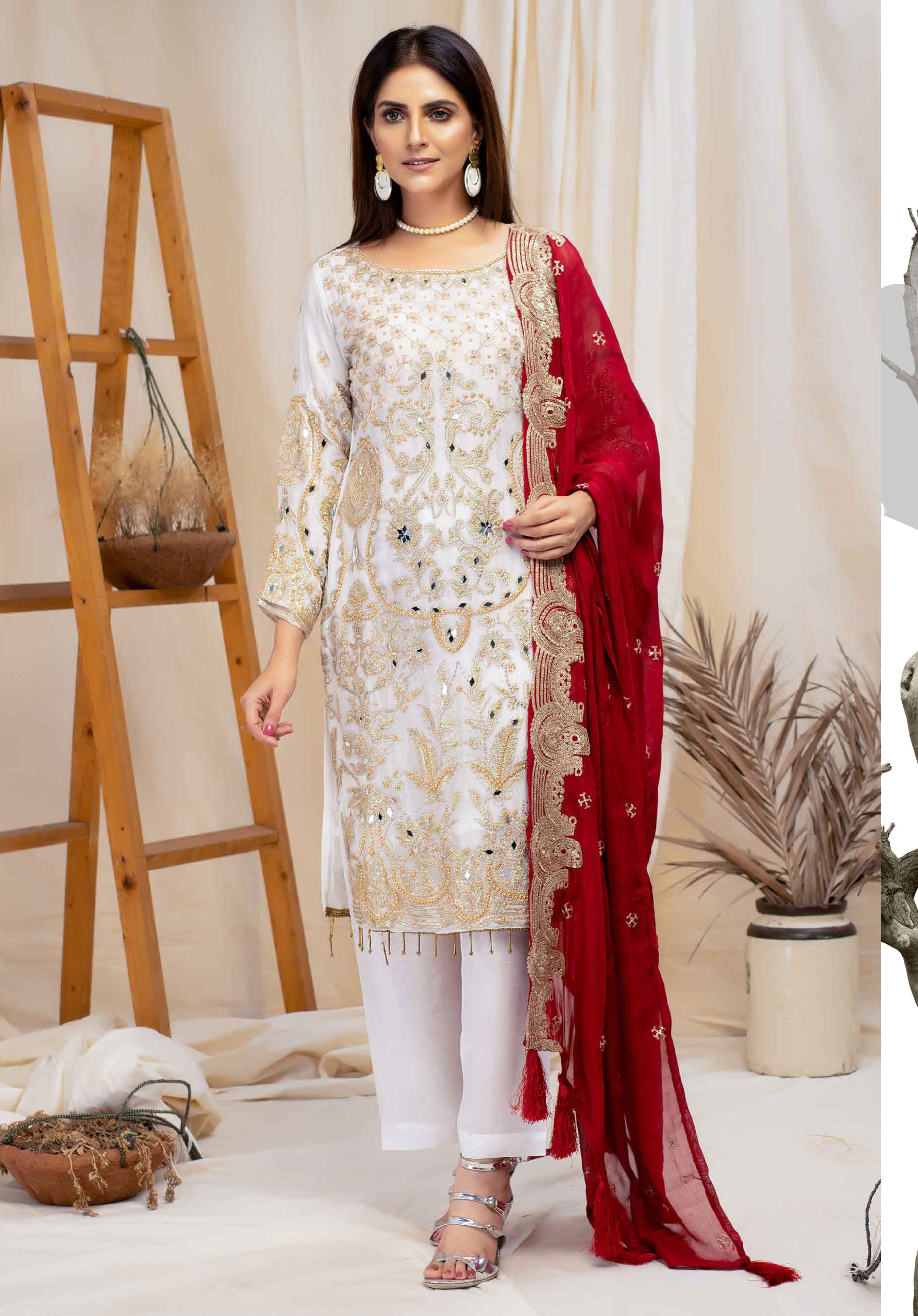 Simrans Semi Formal Ladies White Outfit With Contrasting Dupatta DesiP 