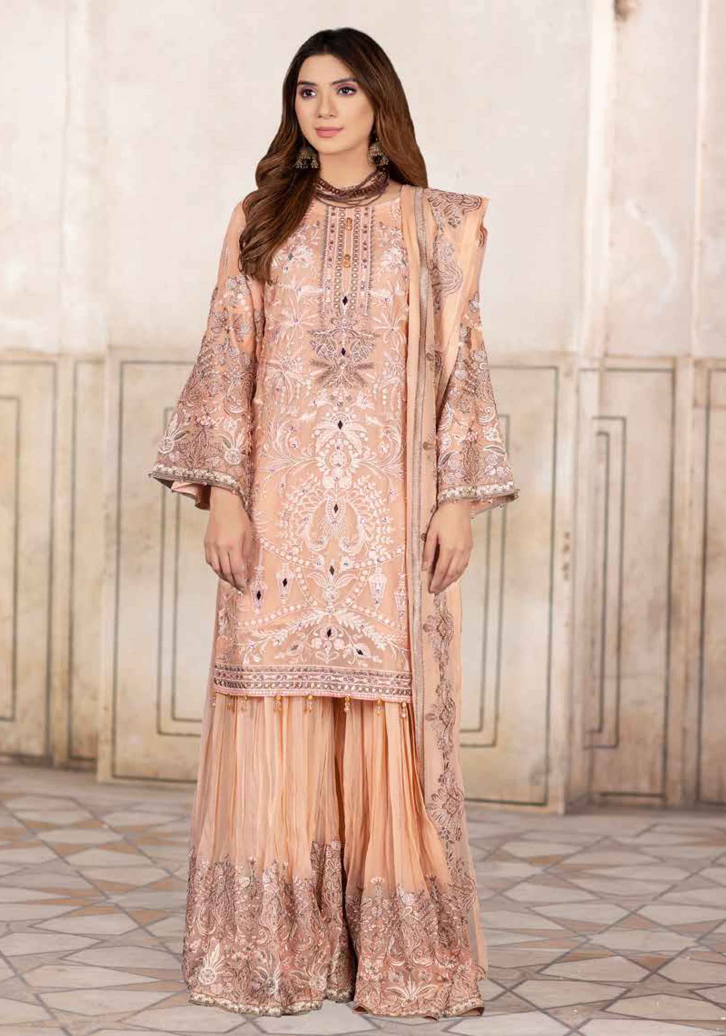 Simrans Soft Palad Chiffon 4 Piece Embroidered Sharara Outfit