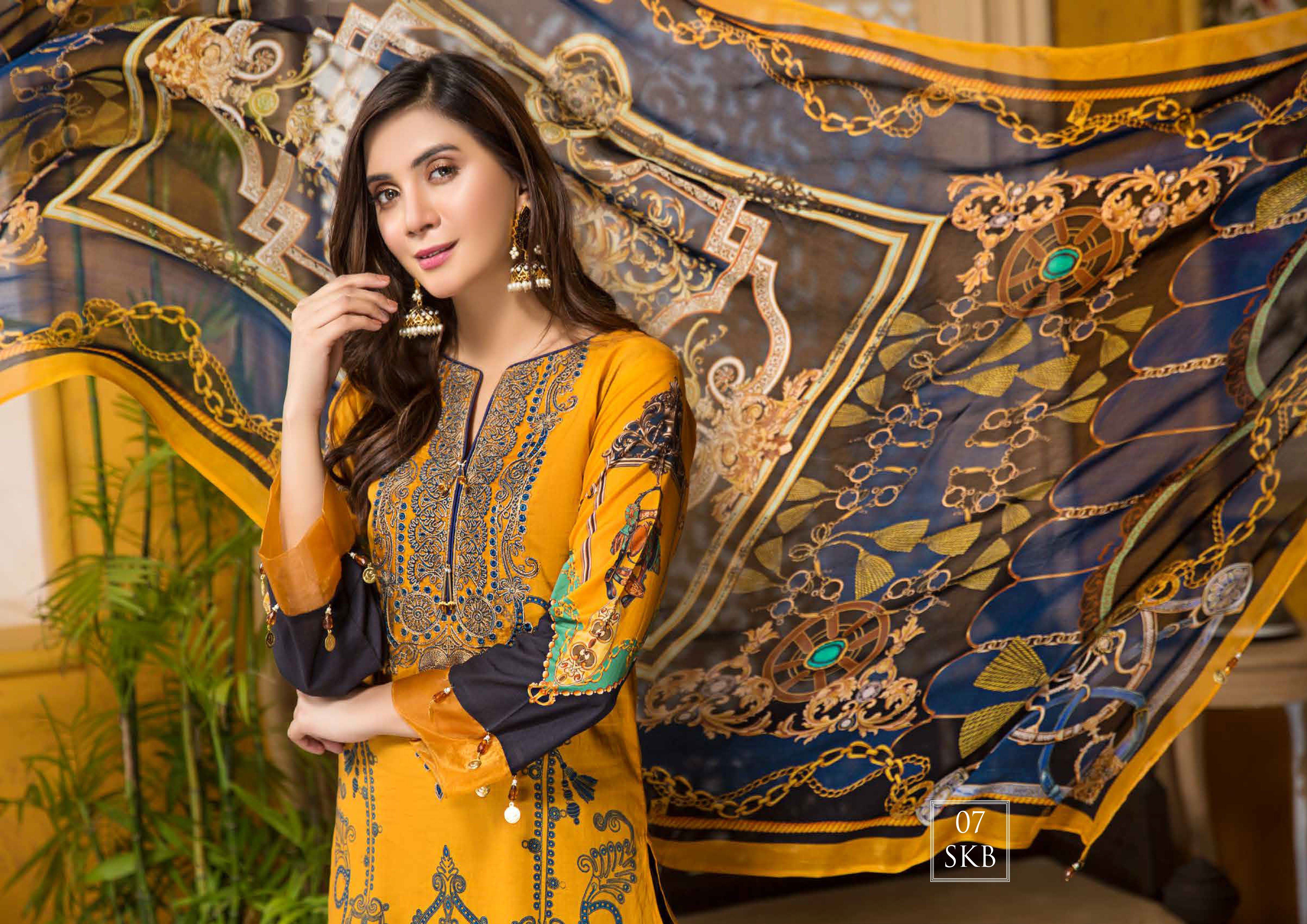 Simran`s Tehzeeb Digital Print Premium Lawn Outfit with Digital Print Chiffon Dupatta SKB07 - Desi Posh