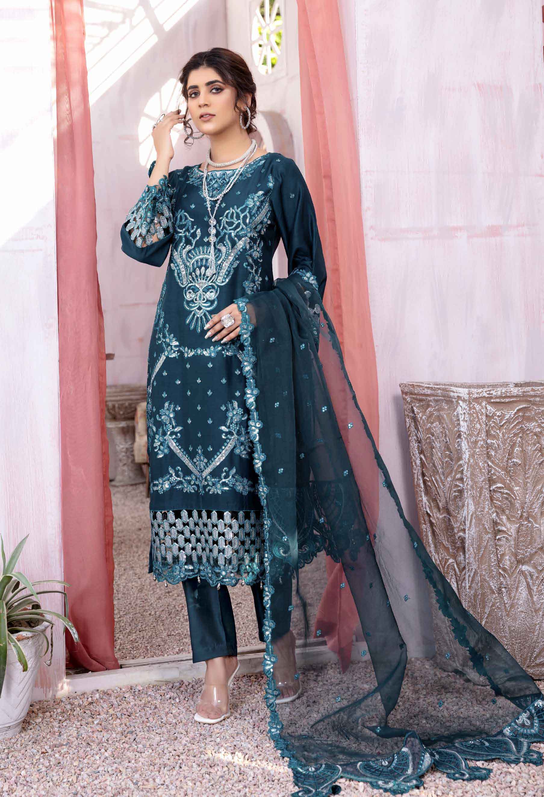 Simrans Wedding Edition Teal 3 Piece Embroidered Suit