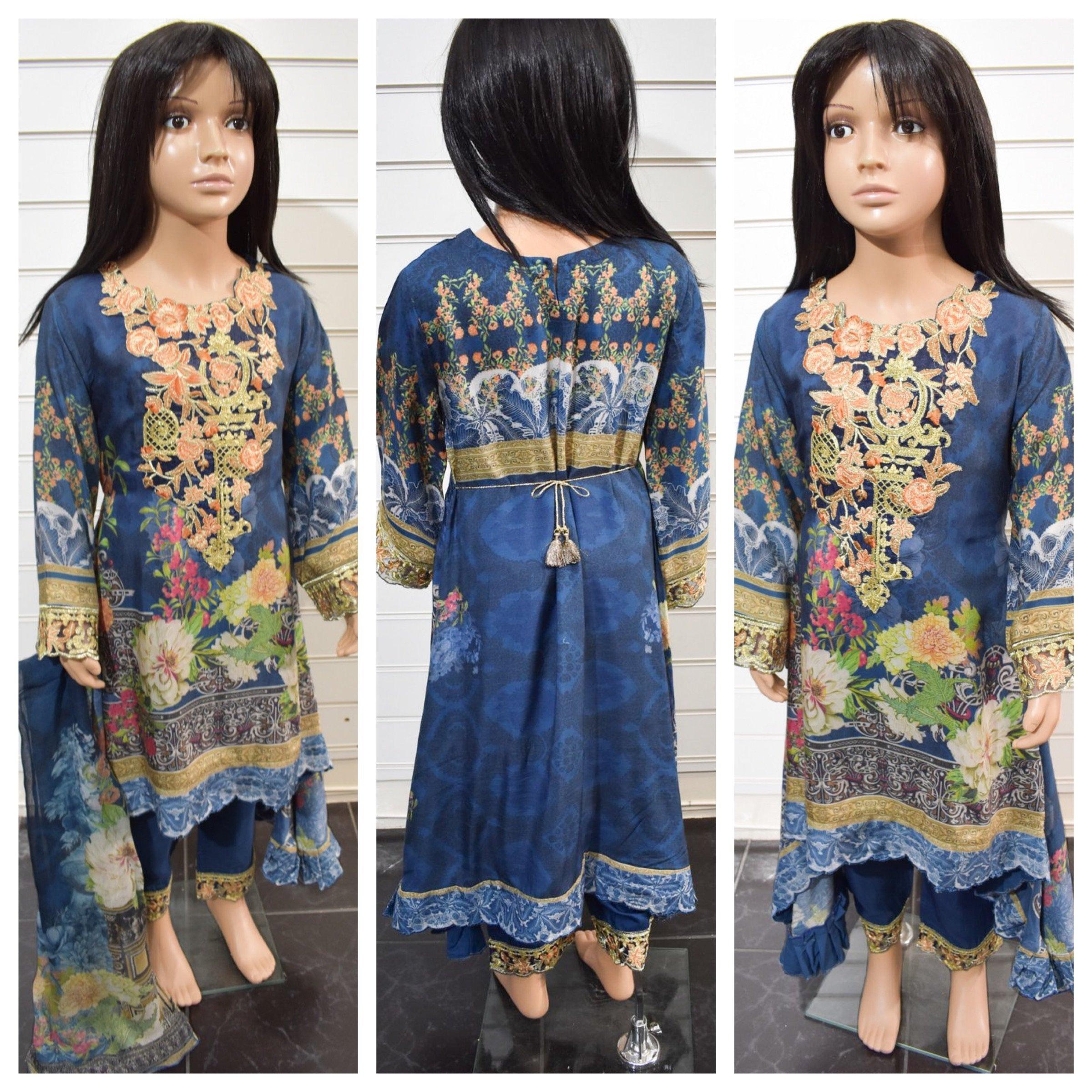 Simrans`s Kids Digital Print Dipped Hem Outfit with Embroidered Trousers SKT01K - Desi Posh