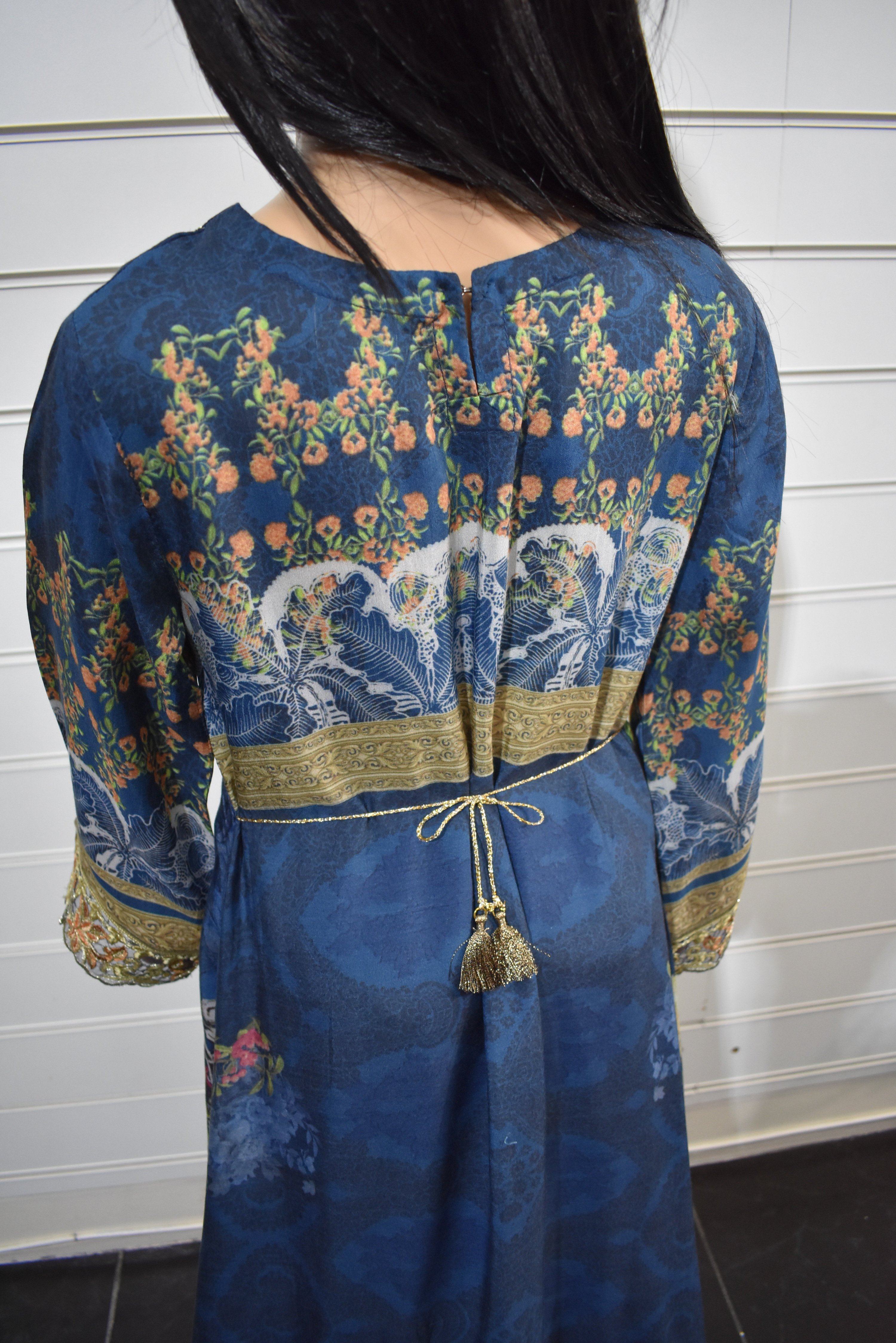 Simrans`s Kids Digital Print Dipped Hem Outfit with Embroidered Trousers SKT01K - Desi Posh
