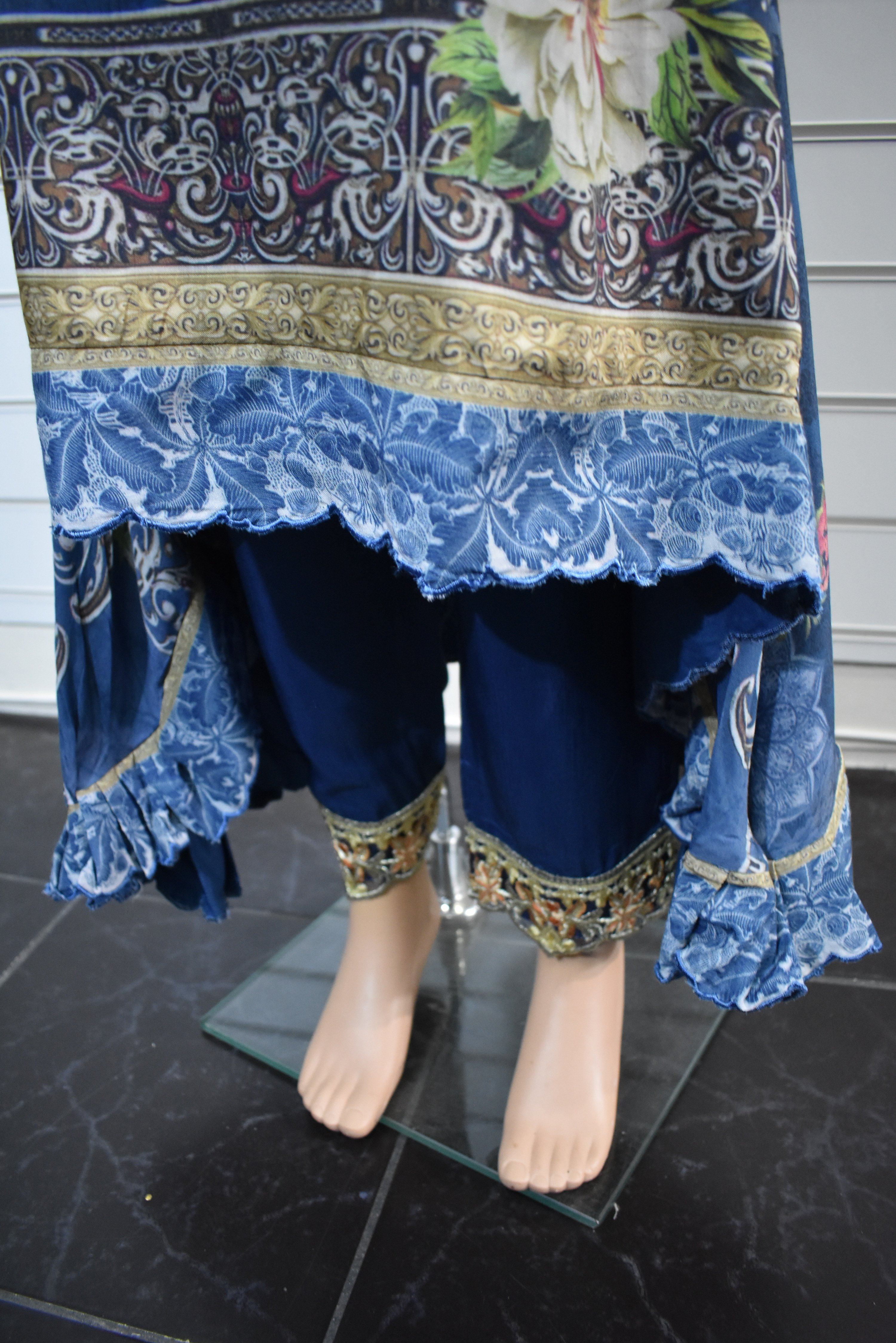 Simrans`s Kids Digital Print Dipped Hem Outfit with Embroidered Trousers SKT01K - Desi Posh
