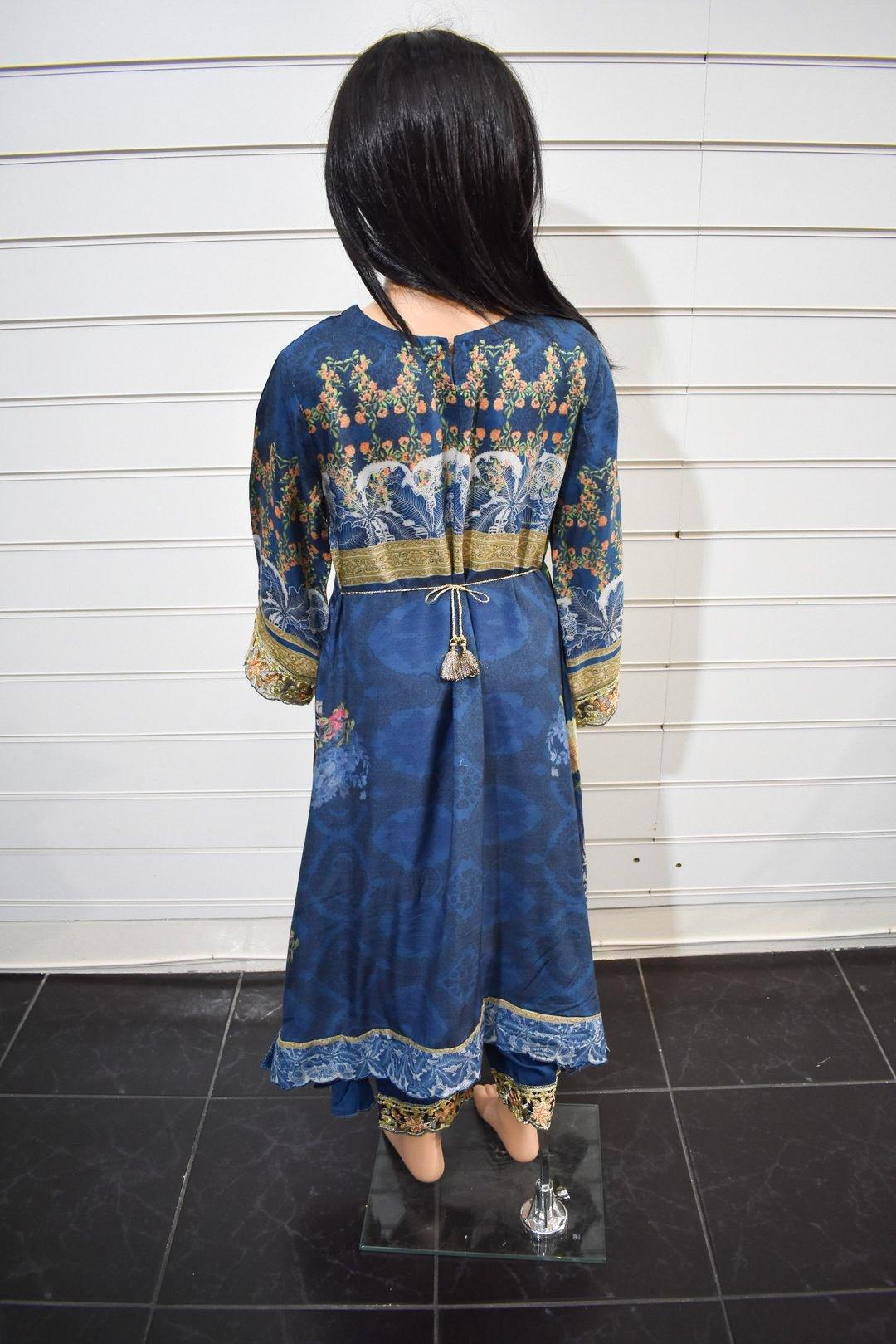 Simrans`s Kids Digital Print Dipped Hem Outfit with Embroidered Trousers SKT01K - Desi Posh
