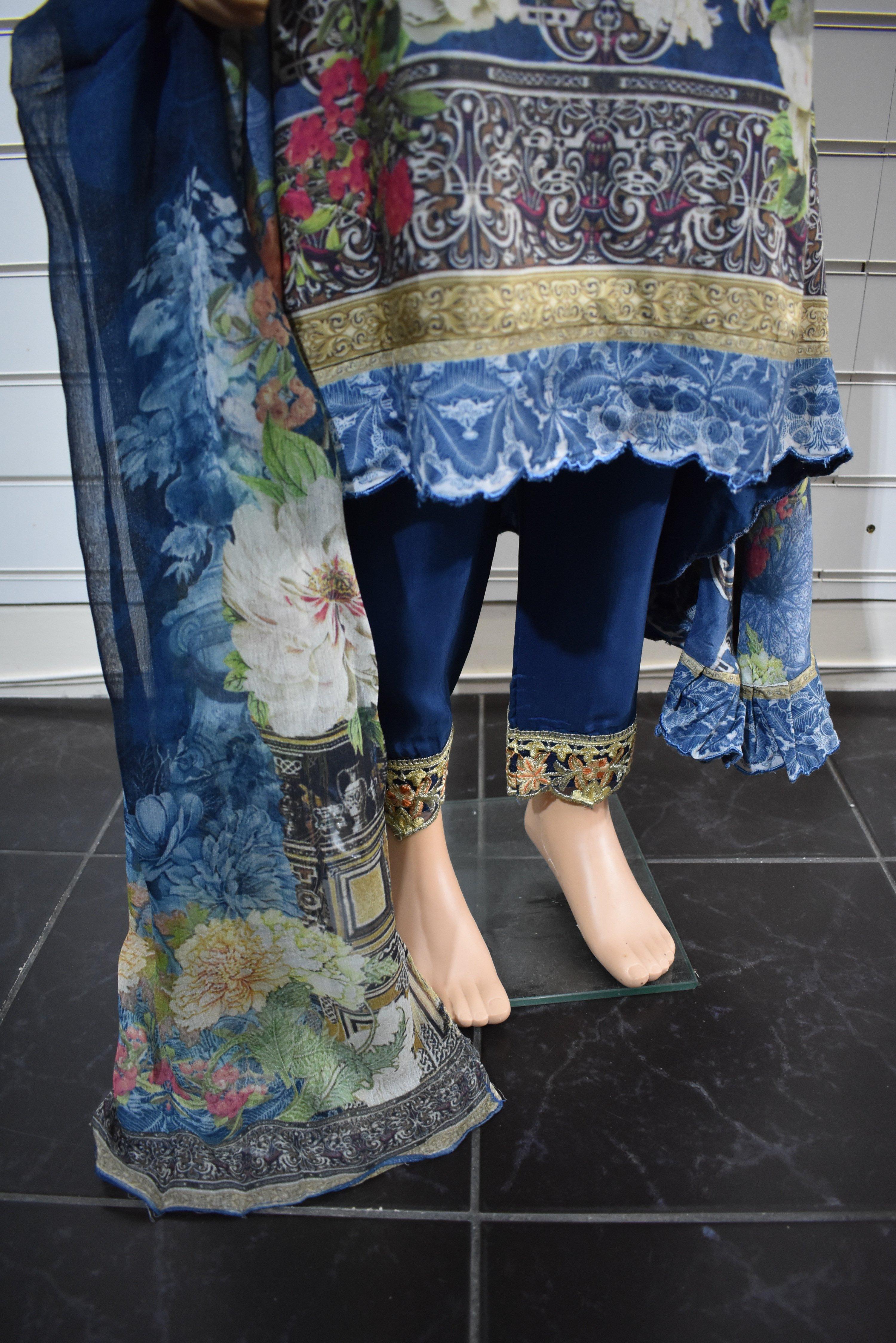 Simrans`s Kids Digital Print Dipped Hem Outfit with Embroidered Trousers SKT01K - Desi Posh