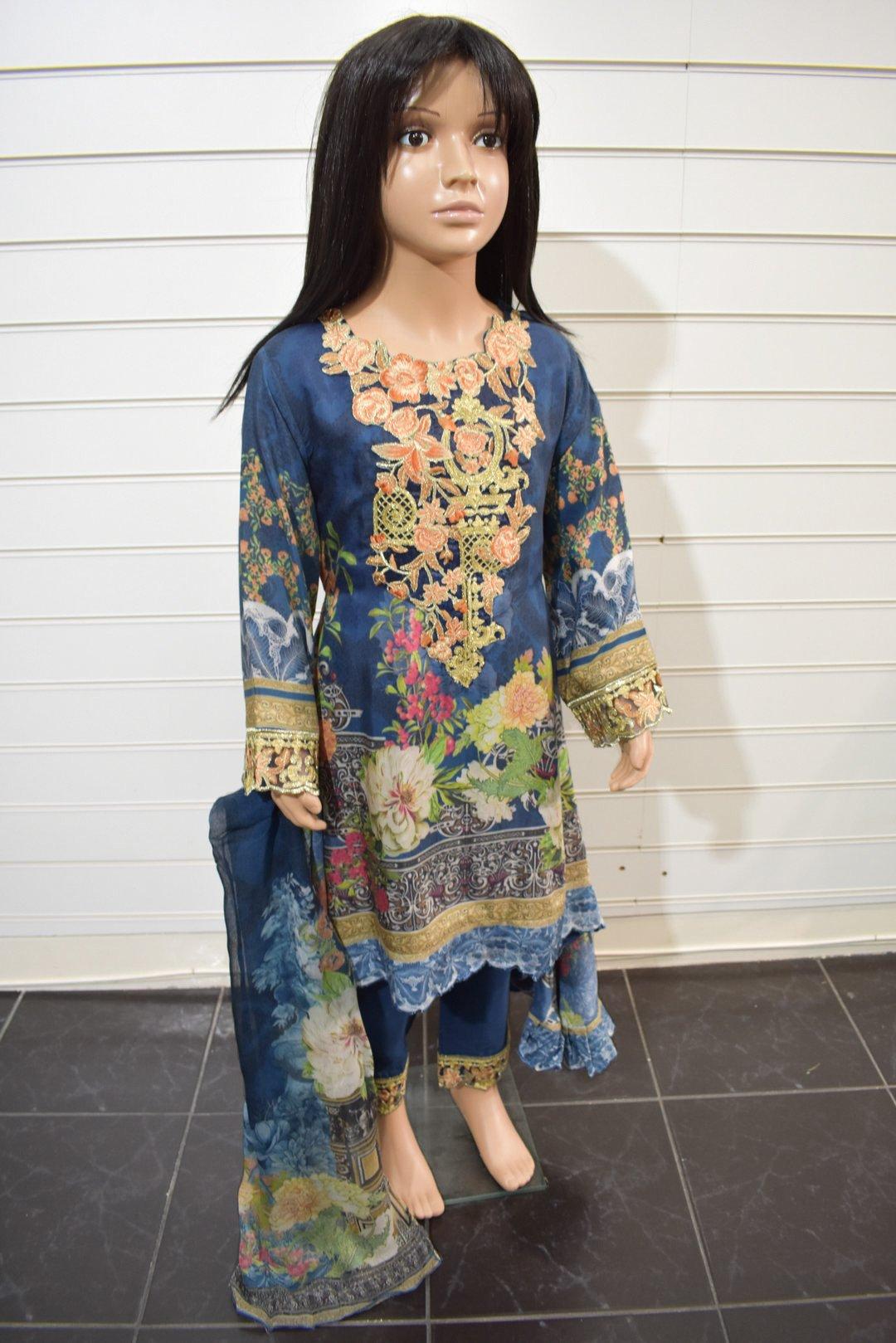 Simrans`s Kids Digital Print Dipped Hem Outfit with Embroidered Trousers SKT01K - Desi Posh