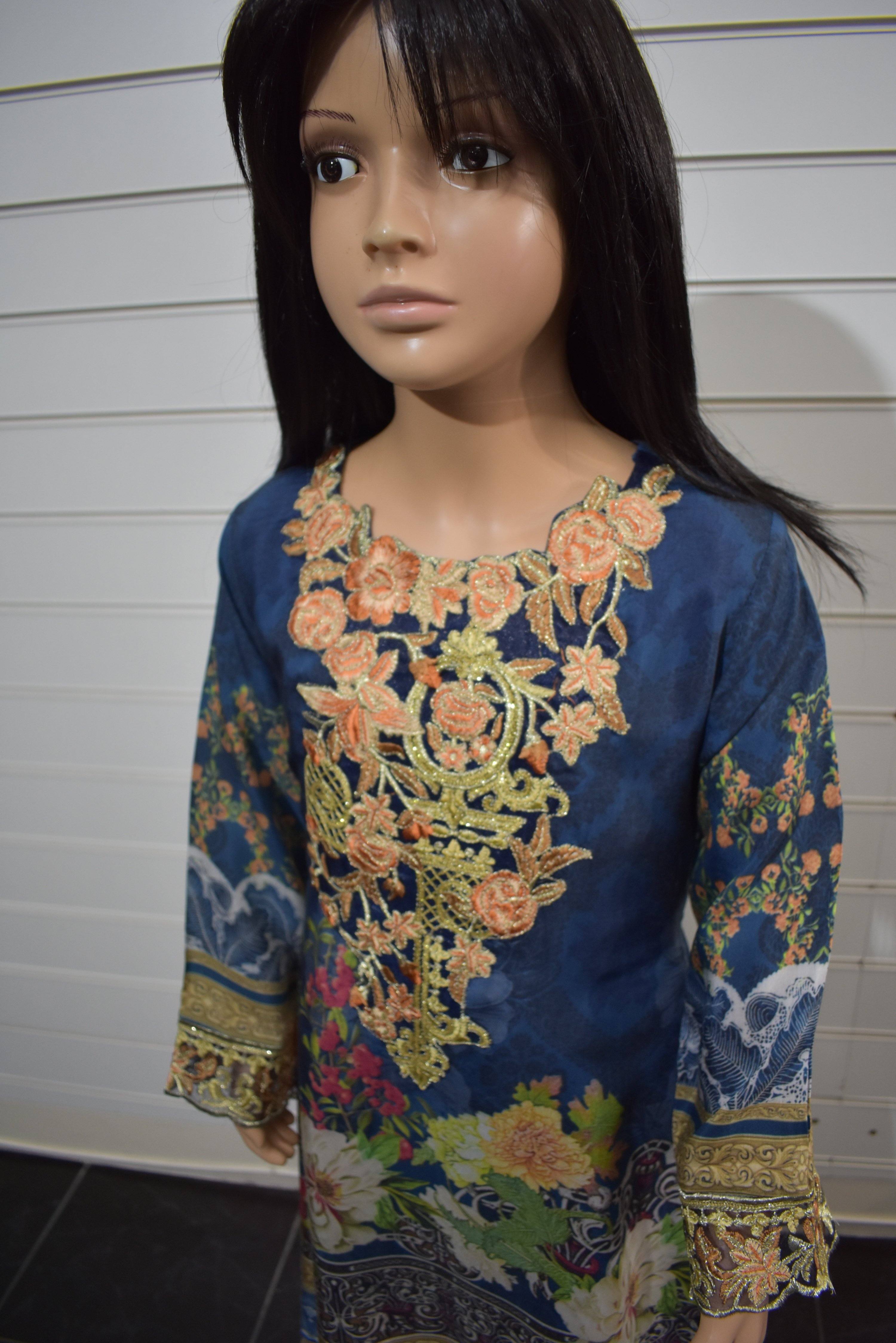 Simrans`s Kids Digital Print Dipped Hem Outfit with Embroidered Trousers SKT01K - Desi Posh