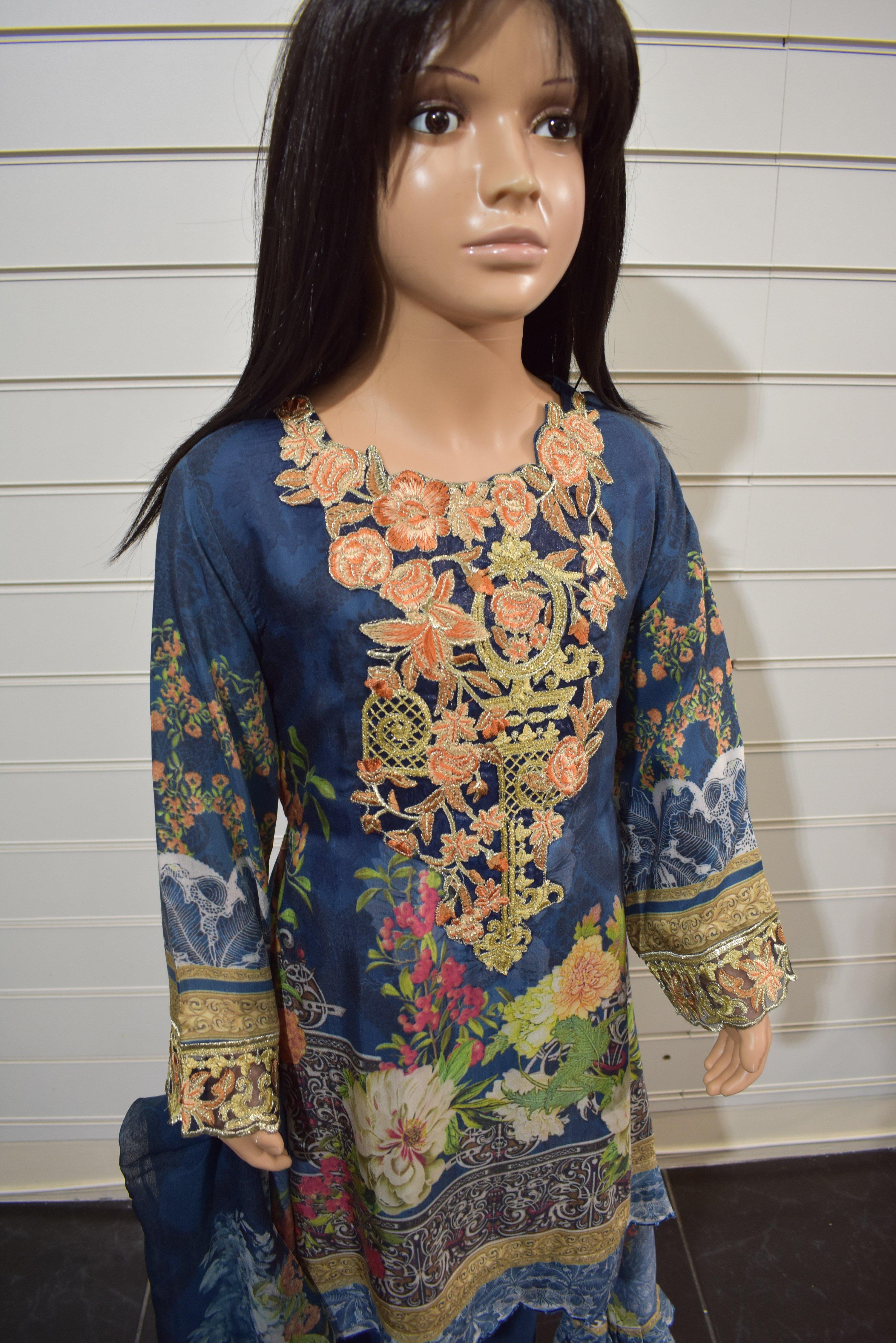 Simrans`s Kids Digital Print Dipped Hem Outfit with Embroidered Trousers SKT01K - Desi Posh