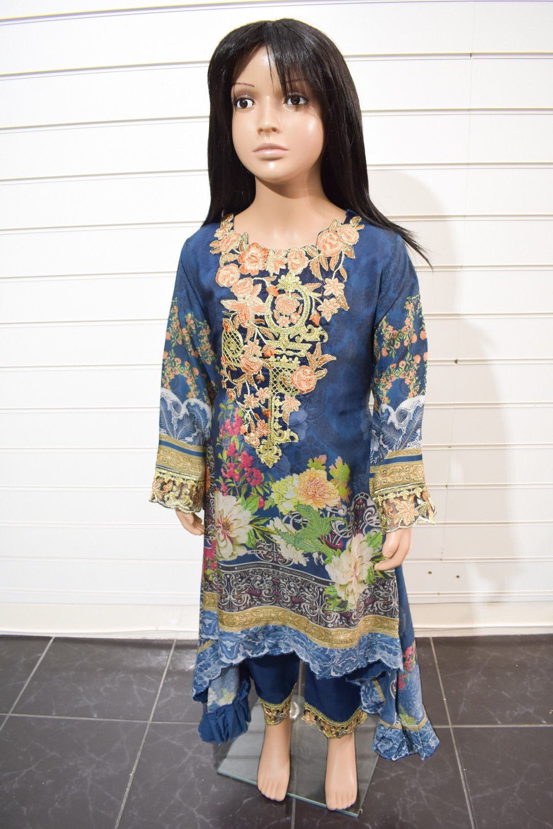 Simrans`s Kids Digital Print Dipped Hem Outfit with Embroidered Trousers SKT01K - Desi Posh