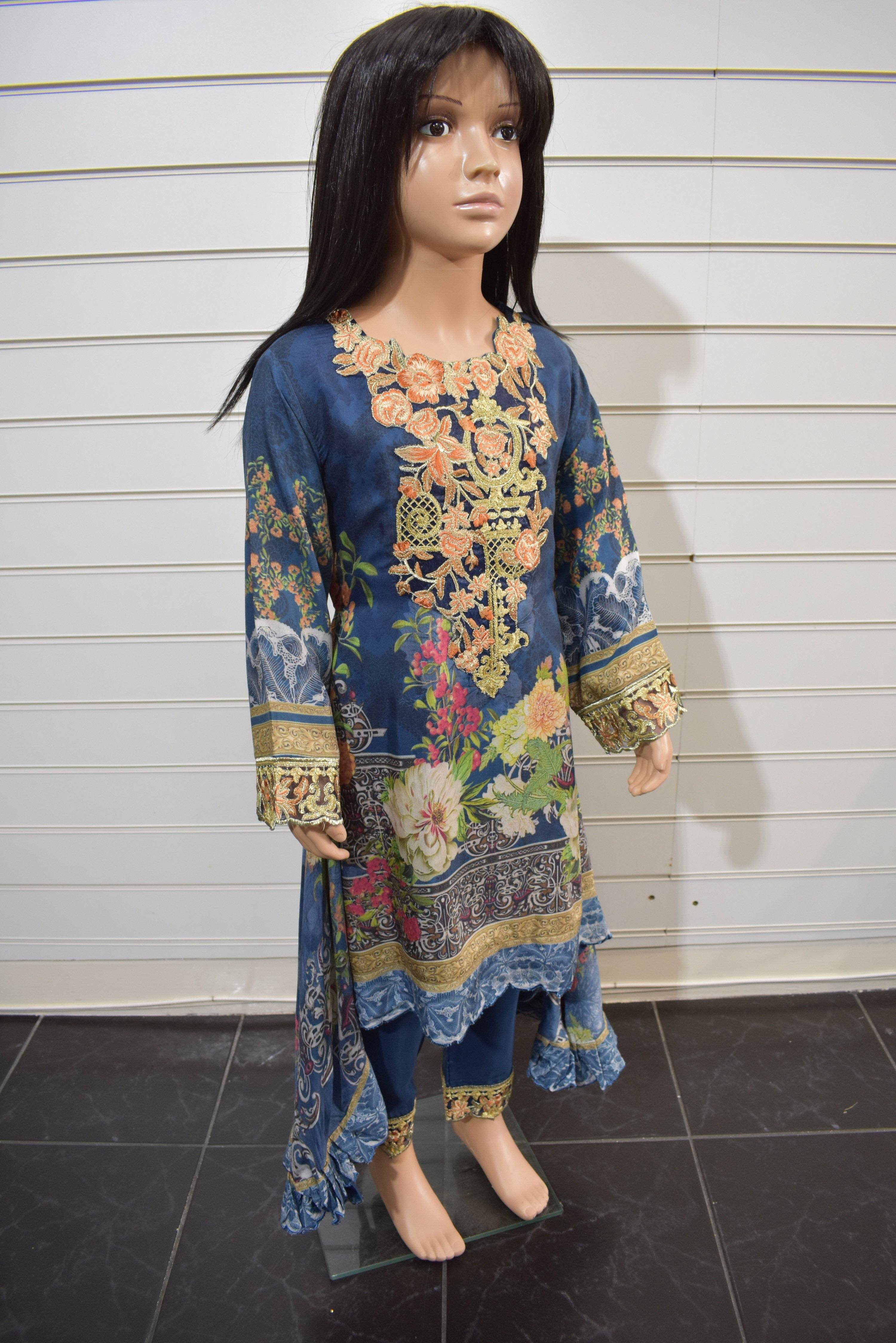 Simrans`s Kids Digital Print Dipped Hem Outfit with Embroidered Trousers SKT01K - Desi Posh