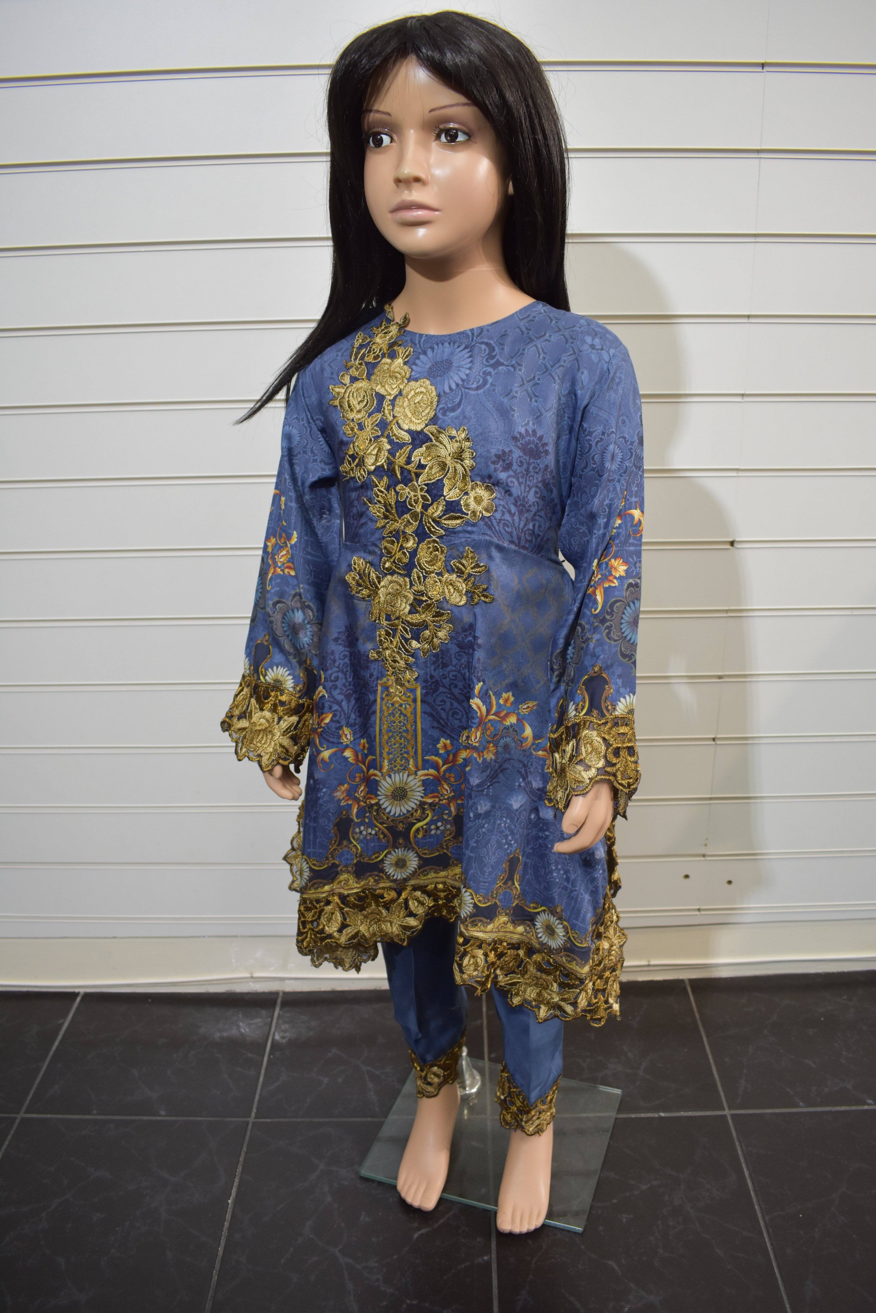 Simrans`s Kids Digital Print Frock Outfit with Embroidered Trousers V12K - Desi Posh