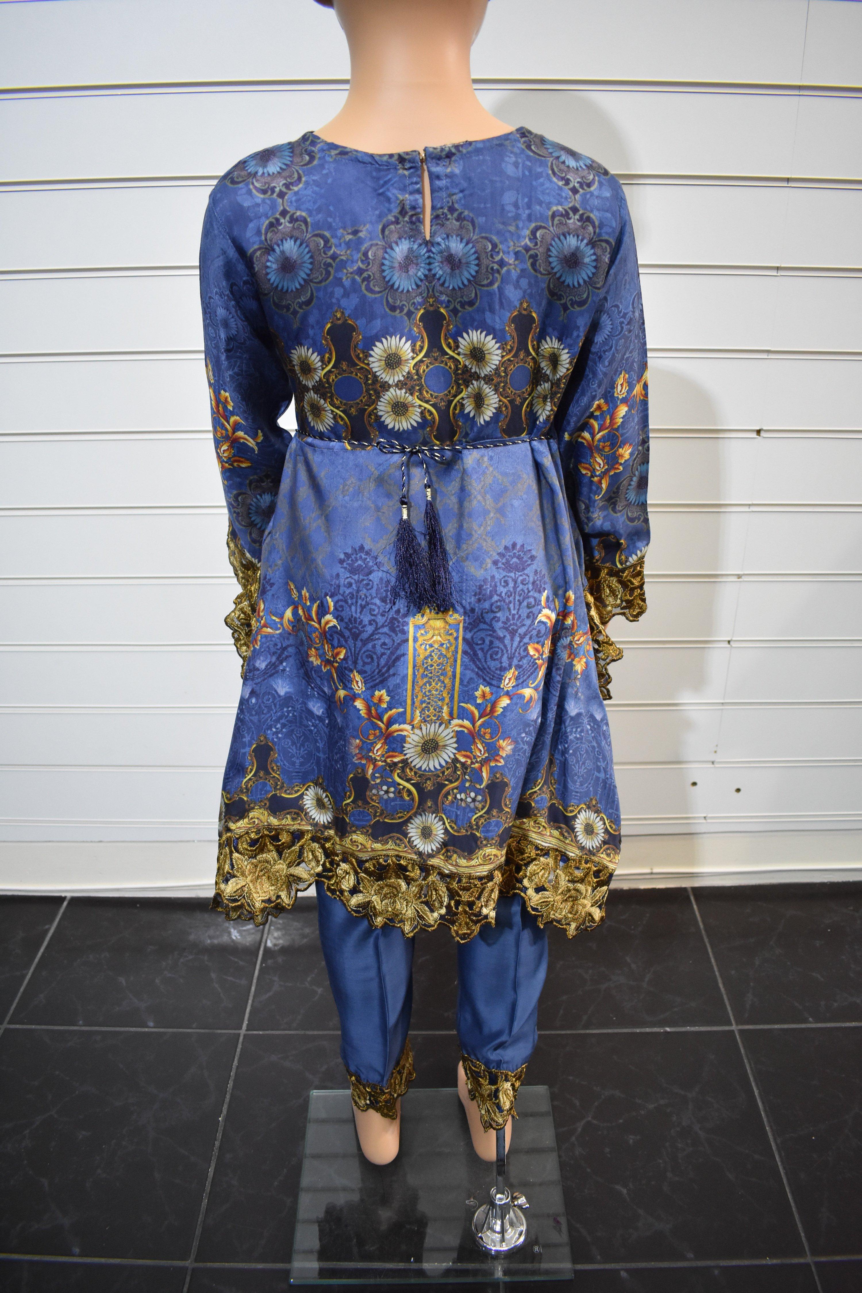 Simrans`s Kids Digital Print Frock Outfit with Embroidered Trousers V12K - Desi Posh