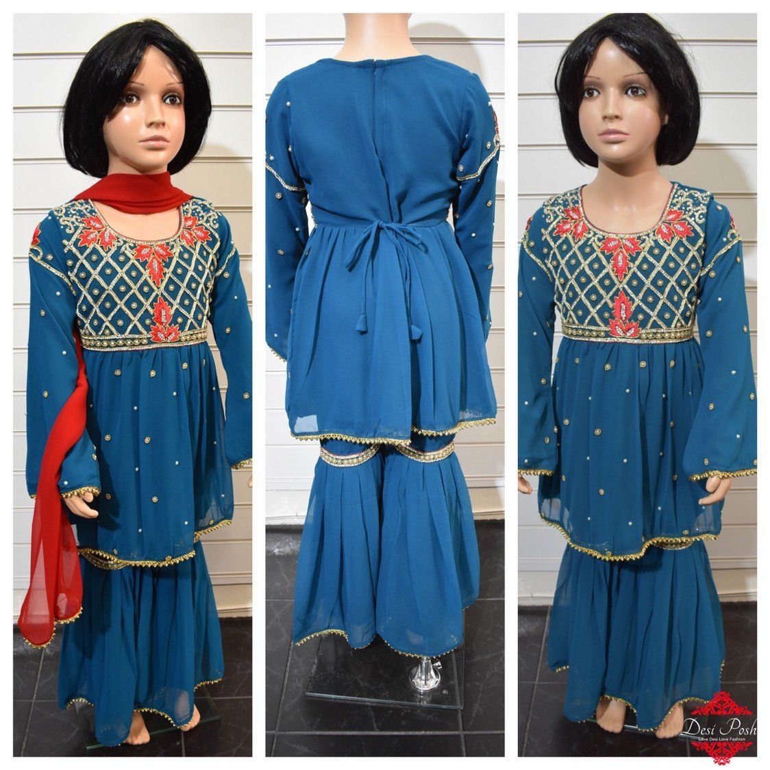 Sobia Nazir Inspired Kids 3 Piece Stone Work Peplum Dress With Gharara - Desi Posh
