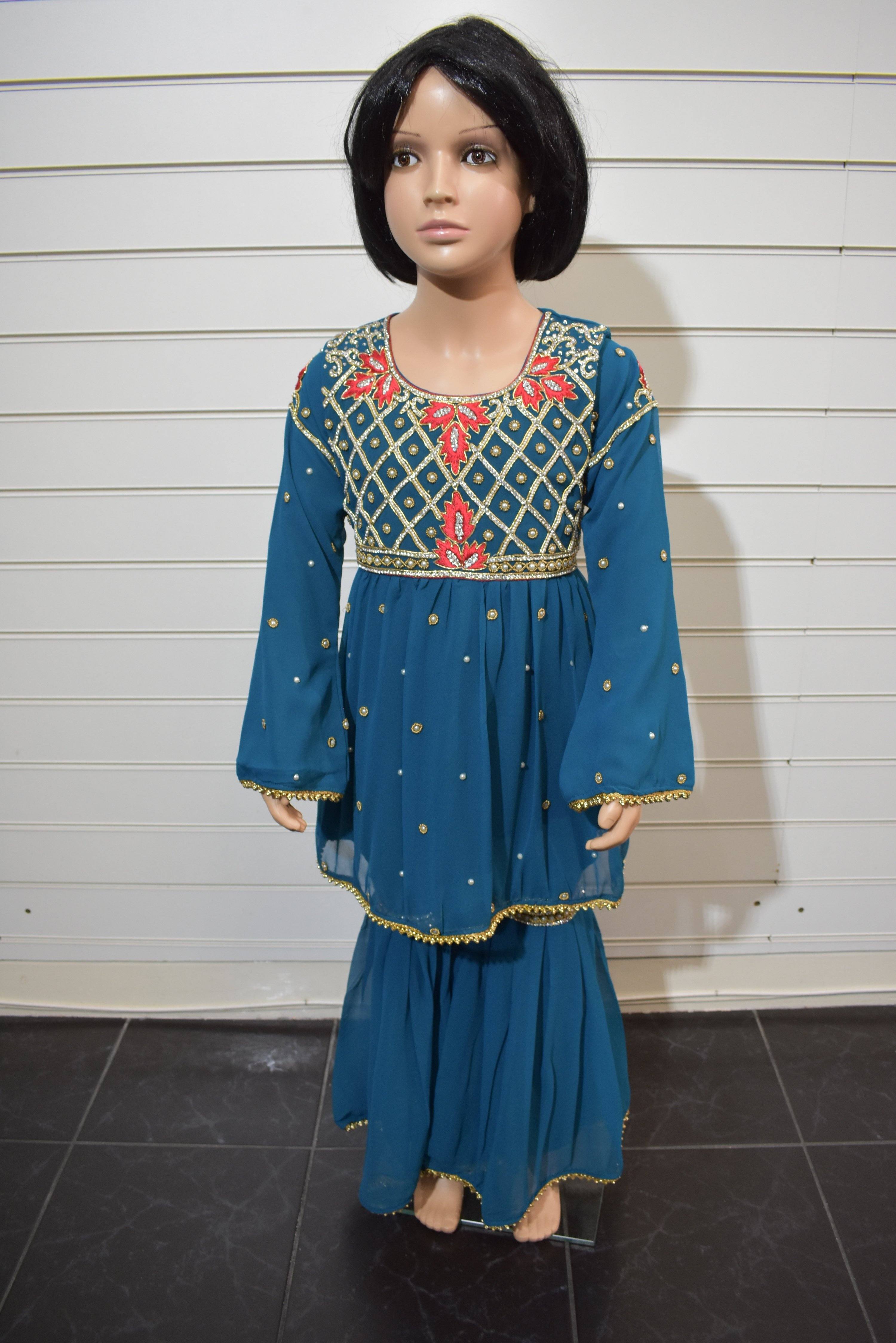 Sobia Nazir Inspired Kids 3 Piece Stone Work Peplum Dress With Gharara - Desi Posh
