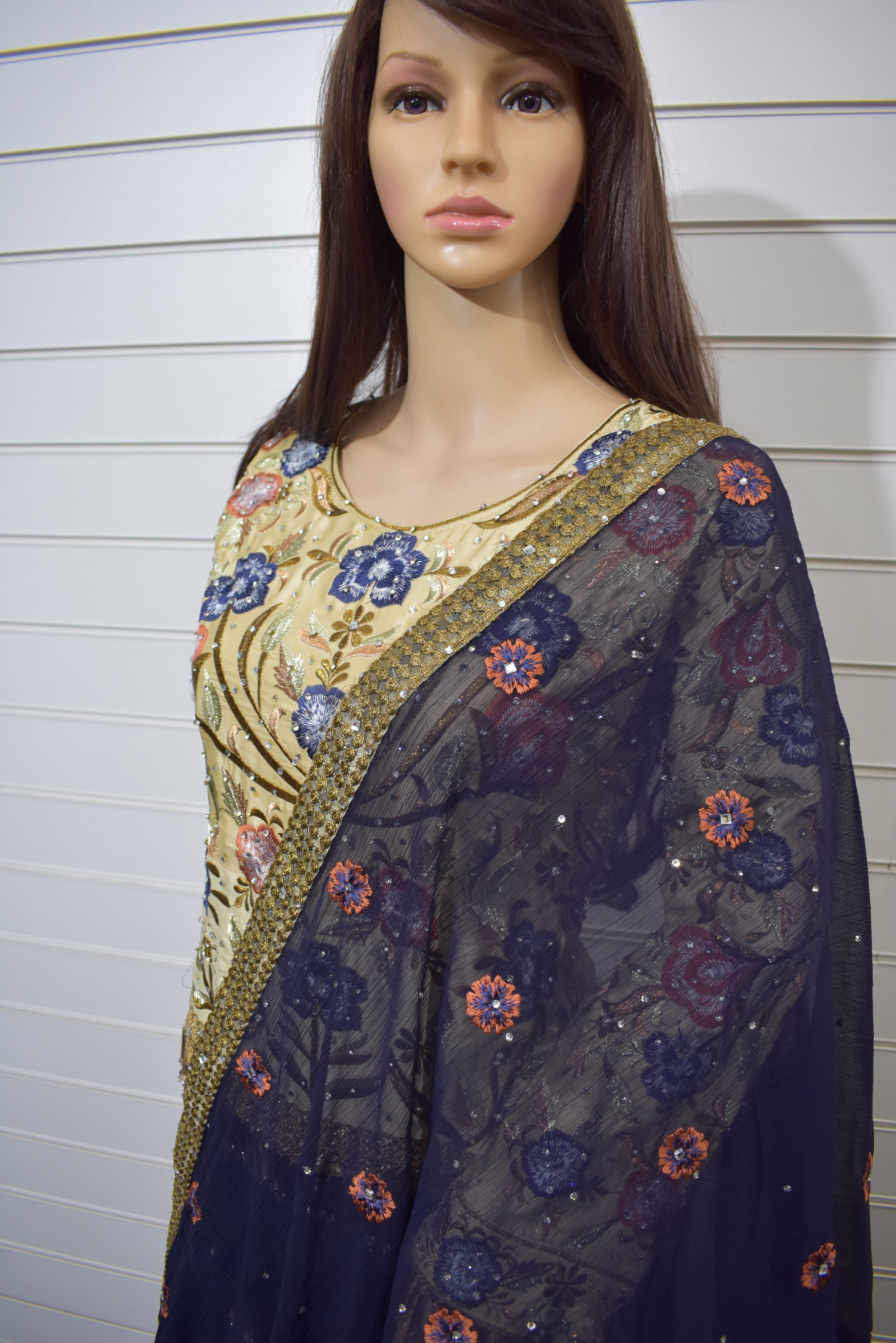 Stunning Cream and Blue Embroidered Lengha Outfit Desi Posh