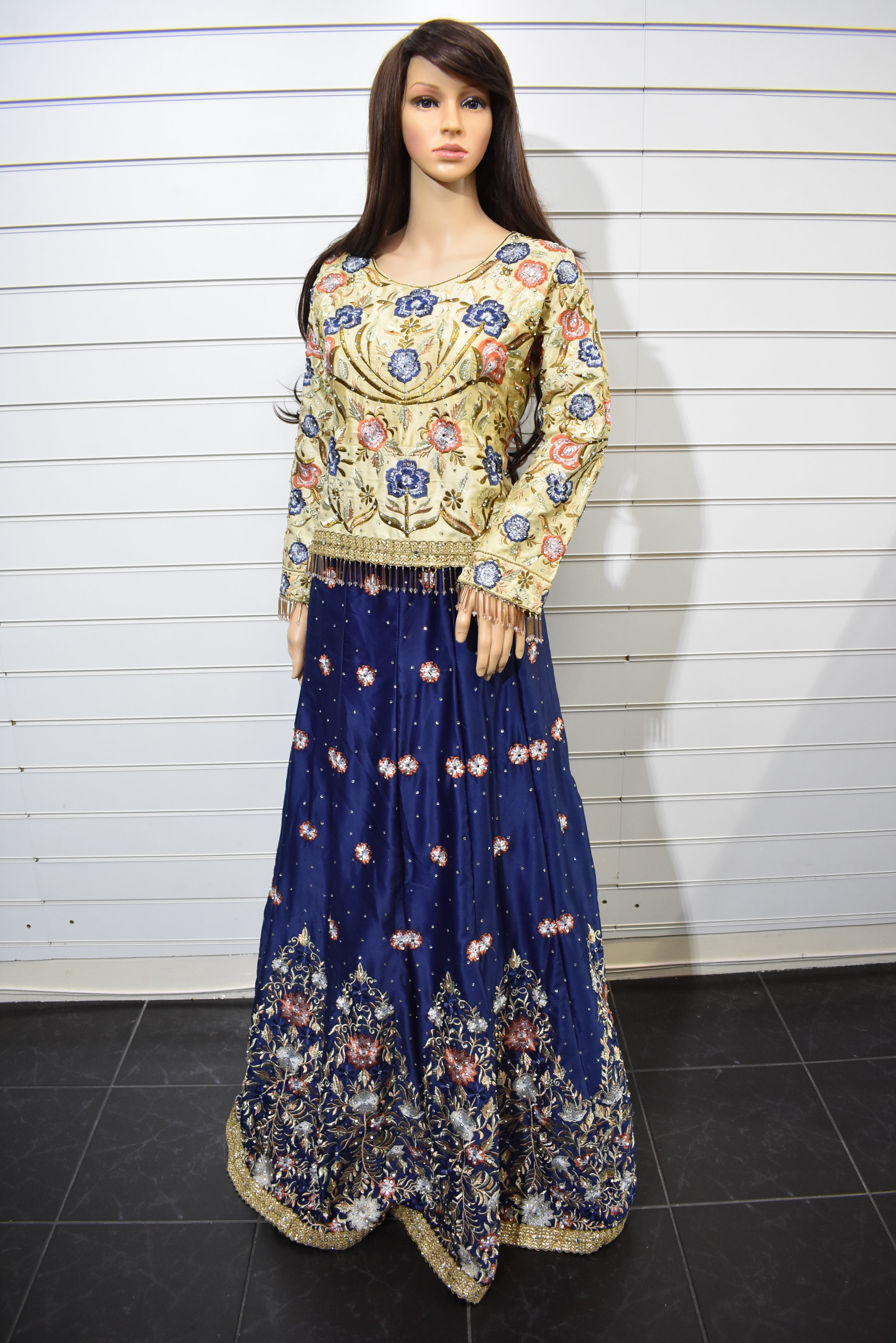 Stunning Cream and Blue Embroidered Lengha Outfit