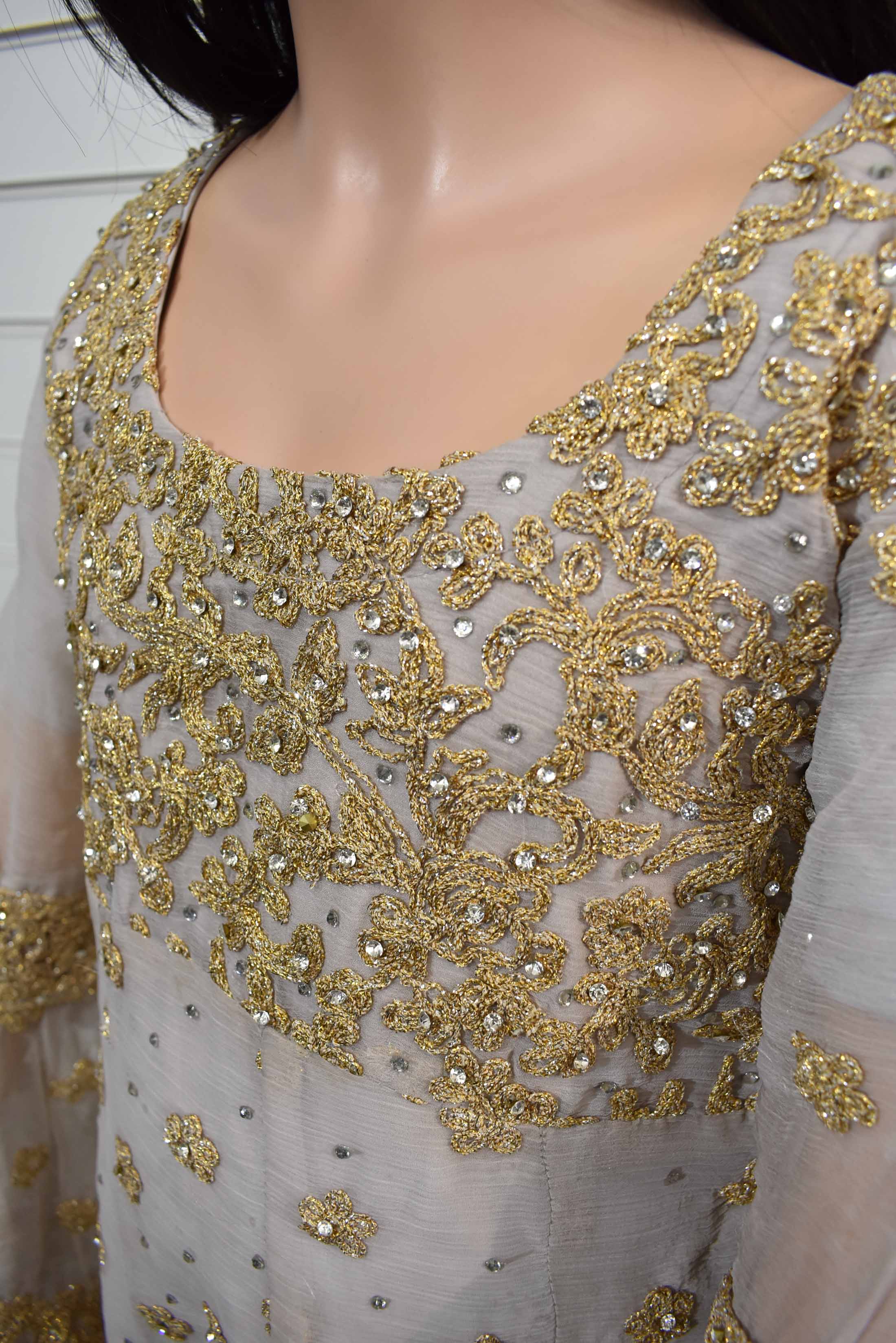 Stunning Designer Heavy Dori Work Dipped Hem 4 Piece Chiffon Kids Wedding Outfit - Desi Posh