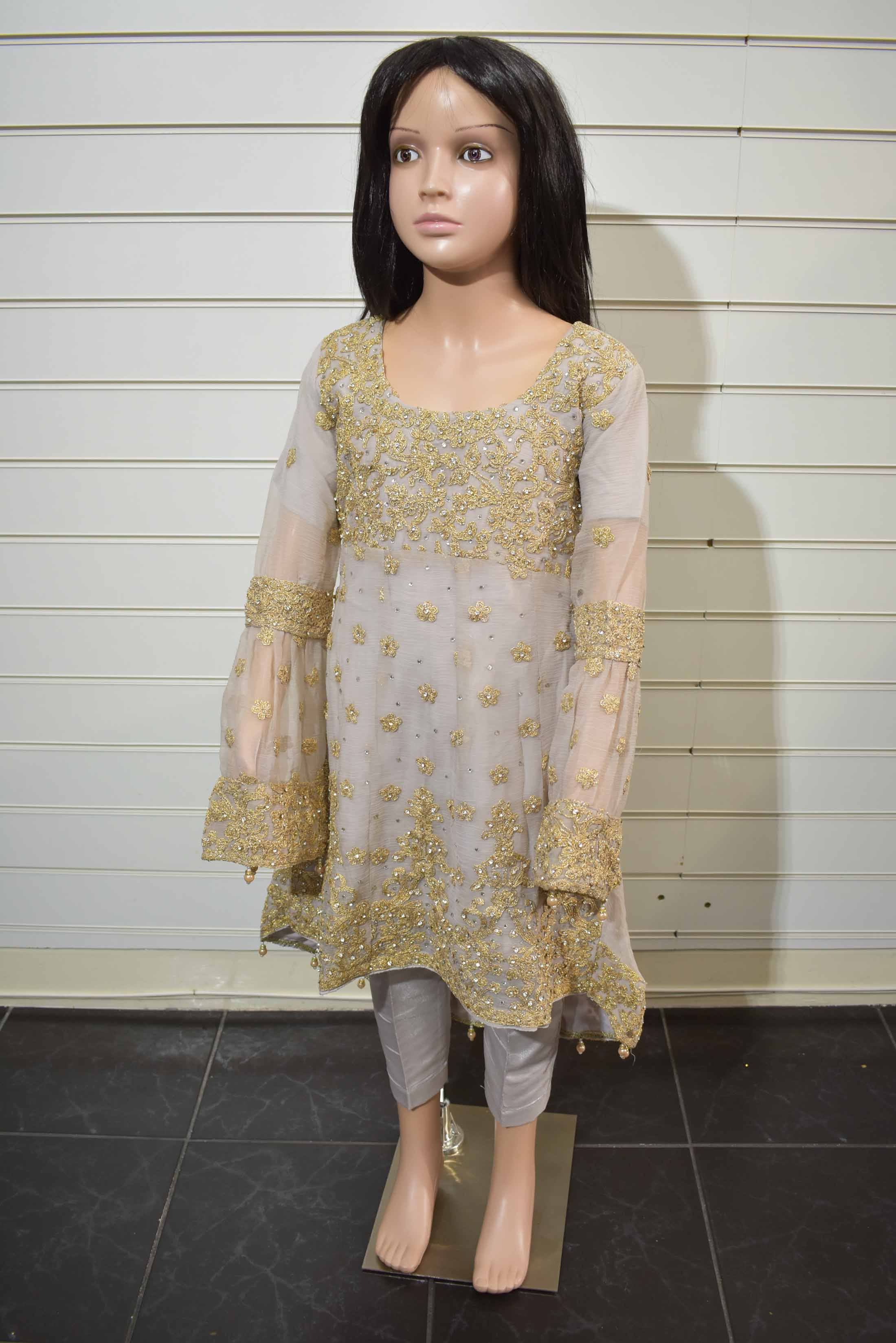 Stunning Designer Heavy Dori Work Dipped Hem 4 Piece Chiffon Kids Wedding Outfit - Desi Posh