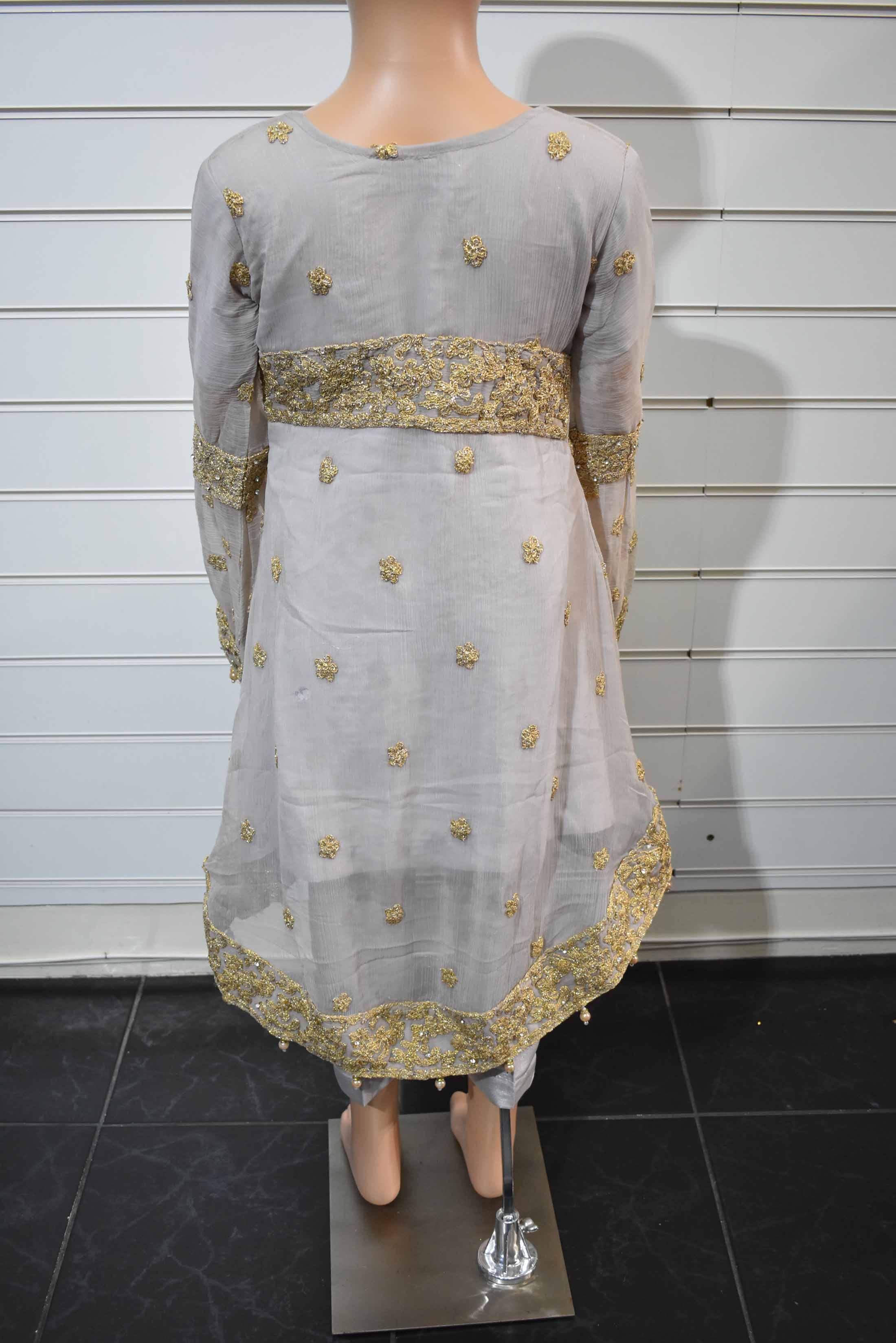 Stunning Designer Heavy Dori Work Dipped Hem 4 Piece Chiffon Kids Wedding Outfit - Desi Posh